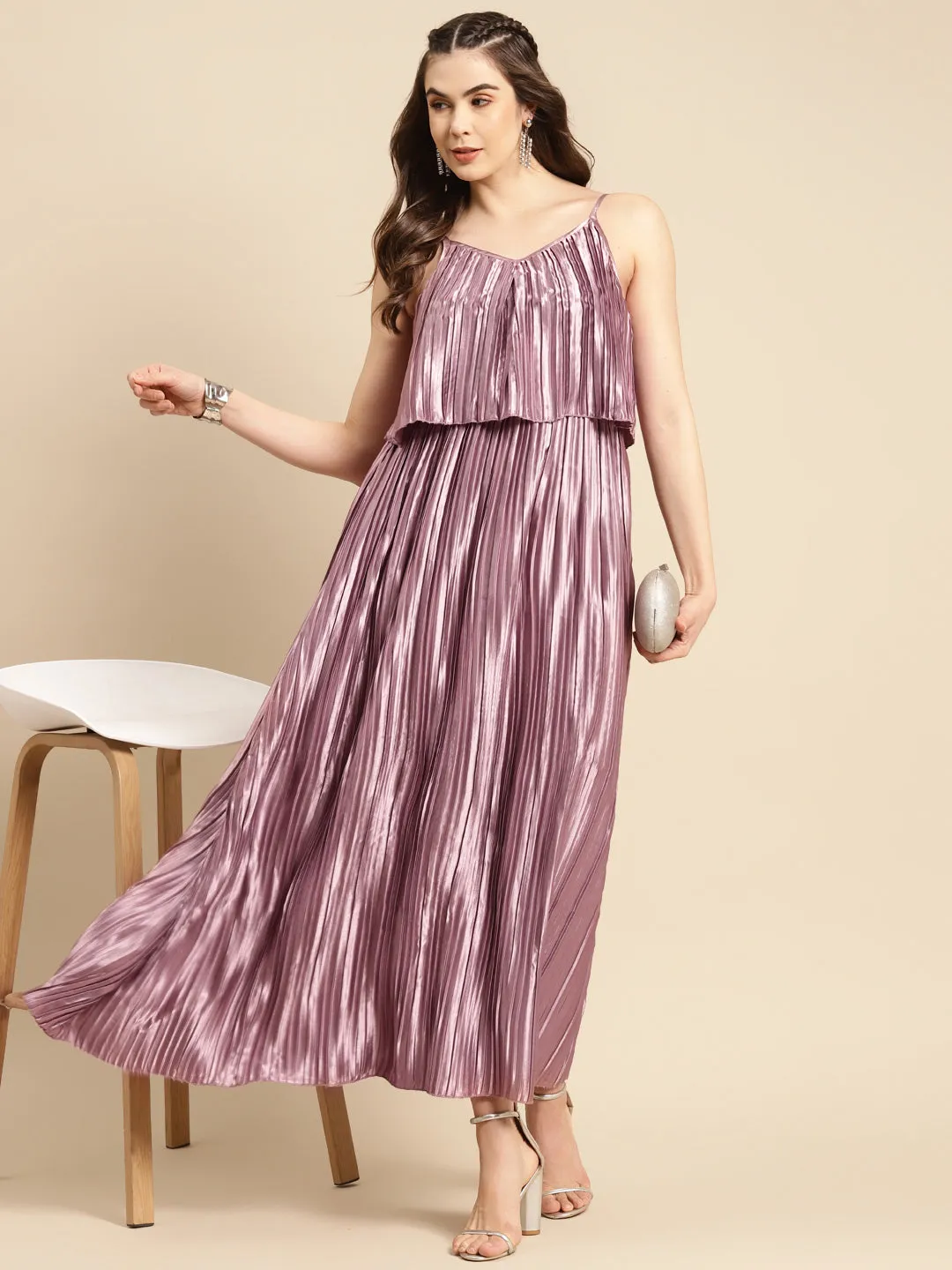 Pre pleated flare yoke maxi dress