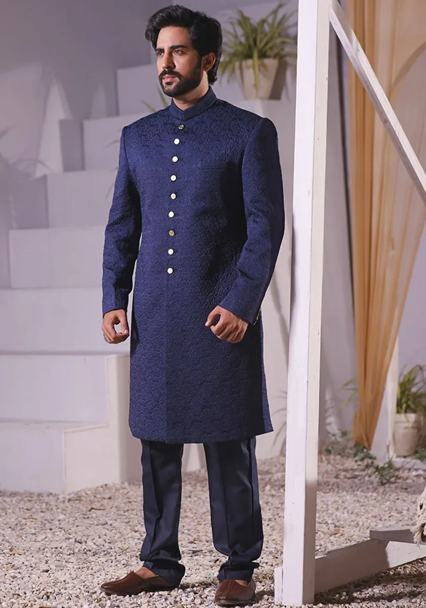 Premium Satin Navy Blazer Classic Fit Embroidered Sherwani