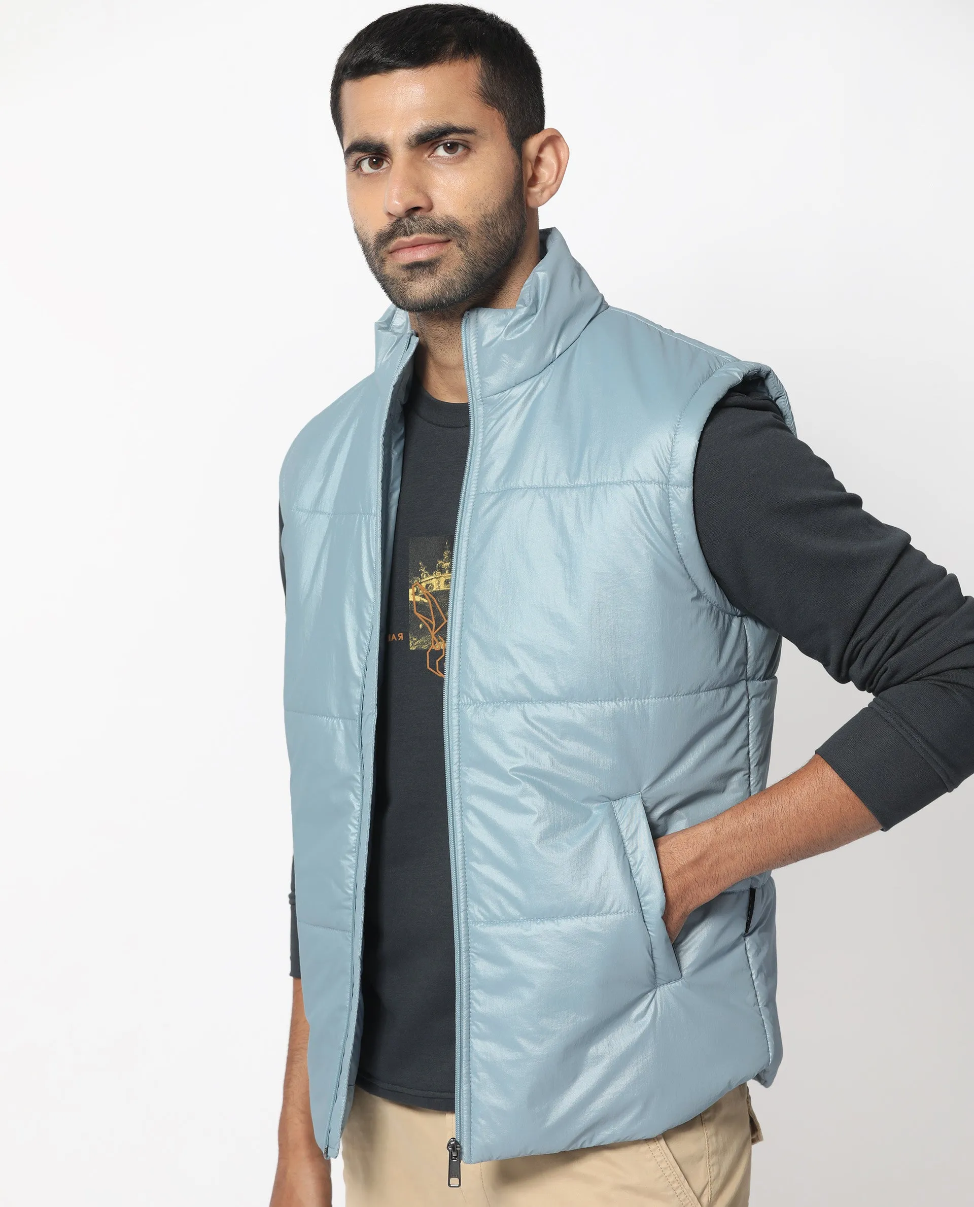 Rare Rabbit Men's Colson Light Blue Quilted High Neck Sleeveless Puffer Jacket