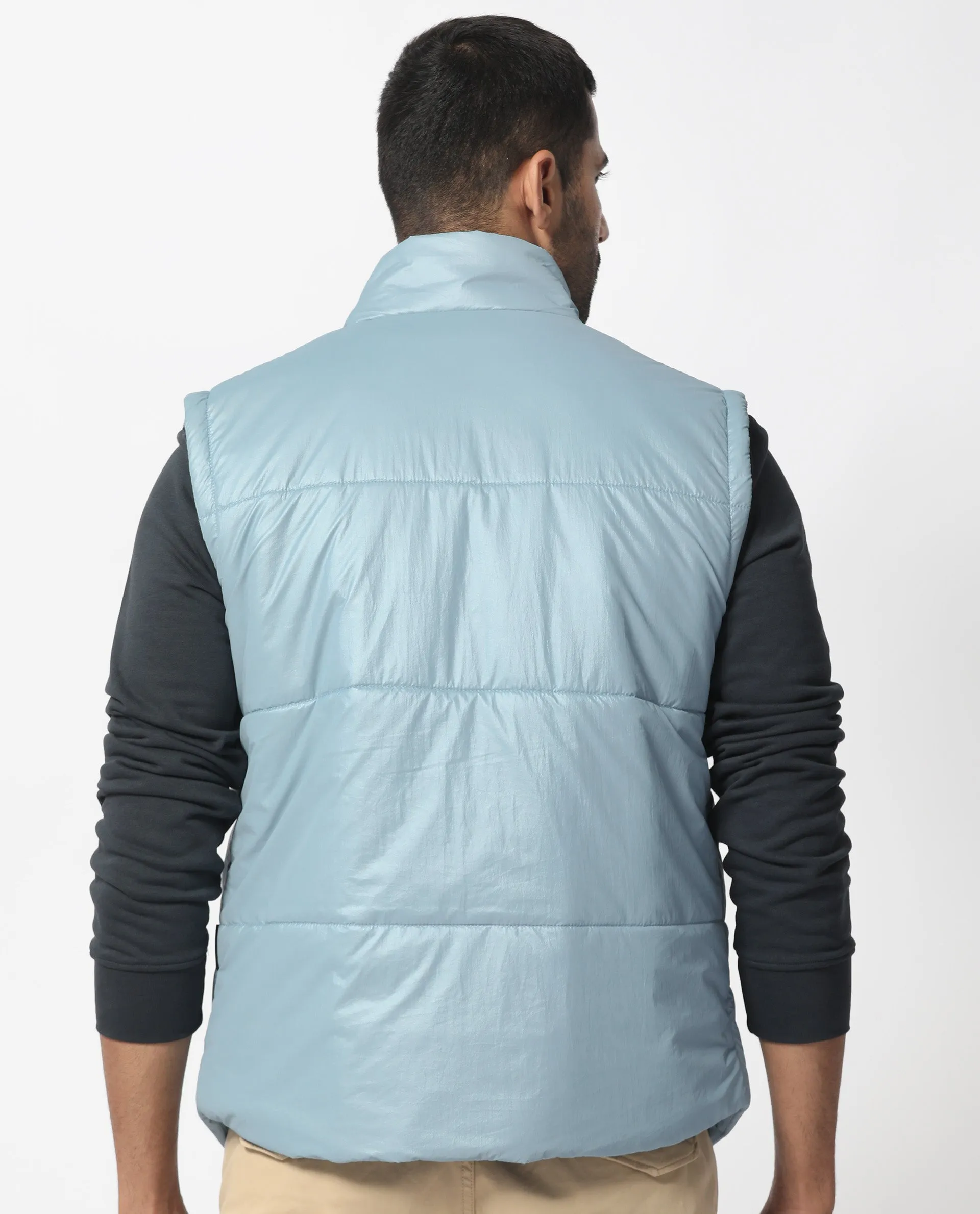 Rare Rabbit Men's Colson Light Blue Quilted High Neck Sleeveless Puffer Jacket