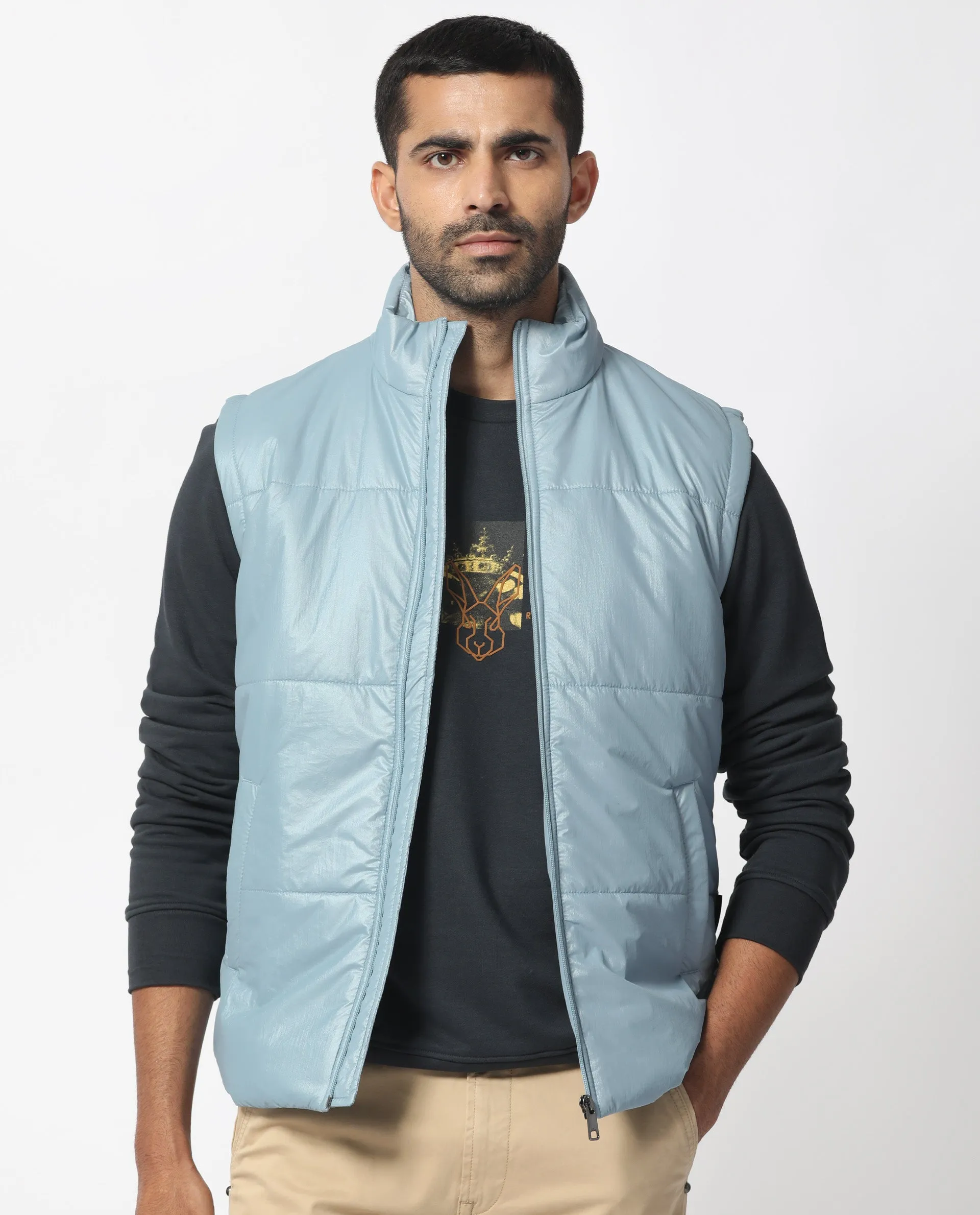 Rare Rabbit Men's Colson Light Blue Quilted High Neck Sleeveless Puffer Jacket