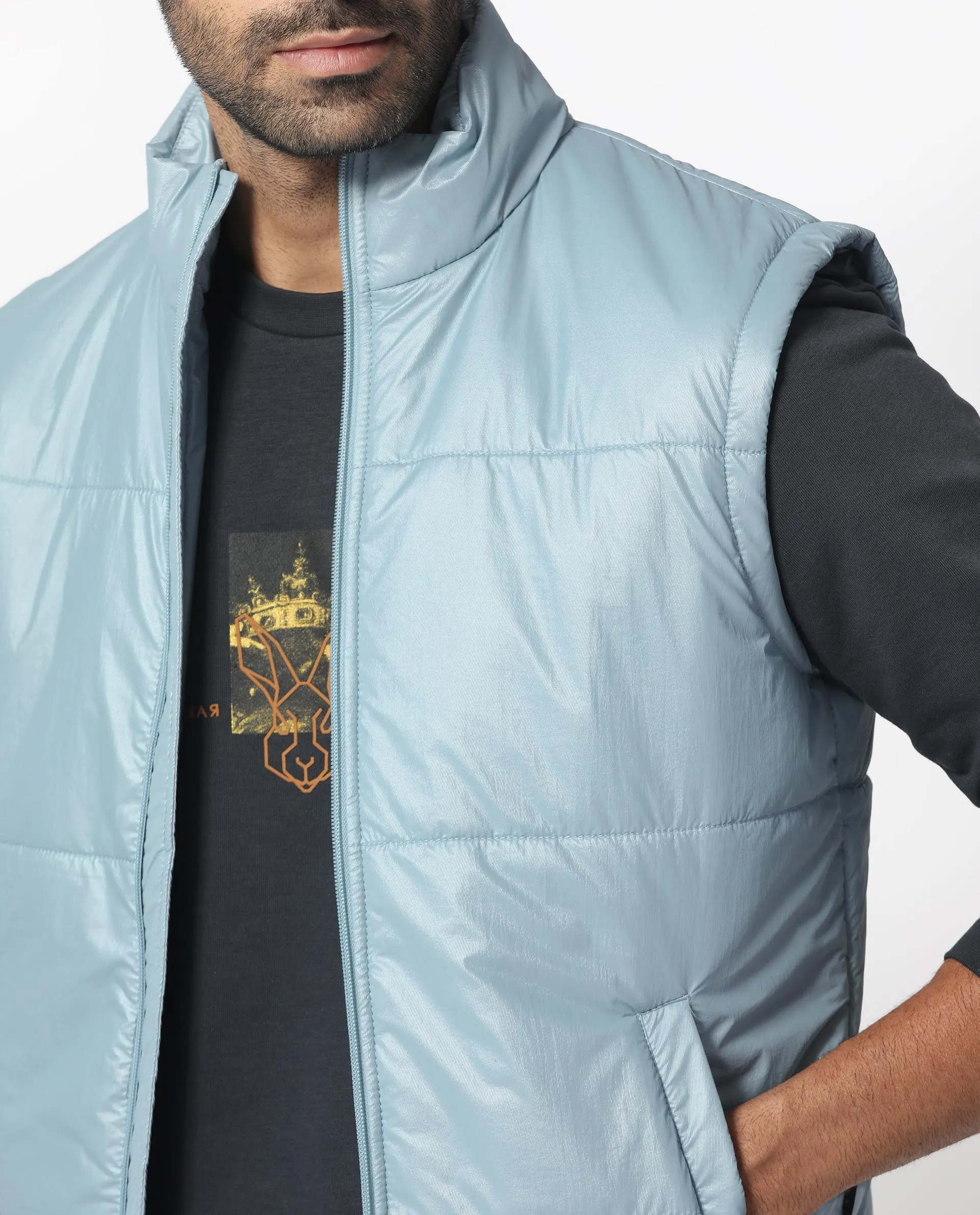 Rare Rabbit Men's Colson Light Blue Quilted High Neck Sleeveless Puffer Jacket