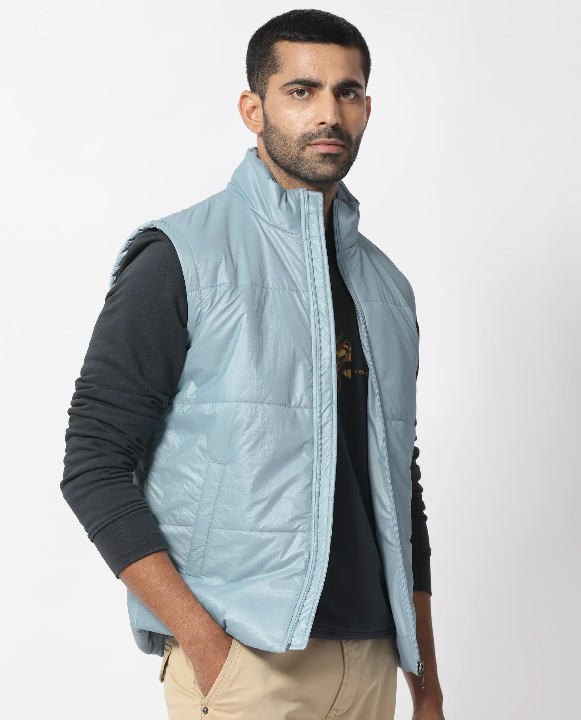 Rare Rabbit Men's Colson Light Blue Quilted High Neck Sleeveless Puffer Jacket