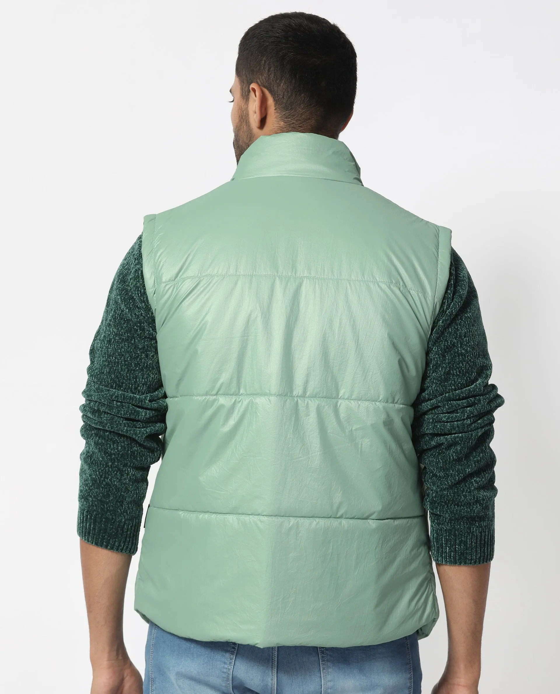 Rare Rabbit Men's Colson Light Green Quilted High Neck Sleeveless Puffer Jacket