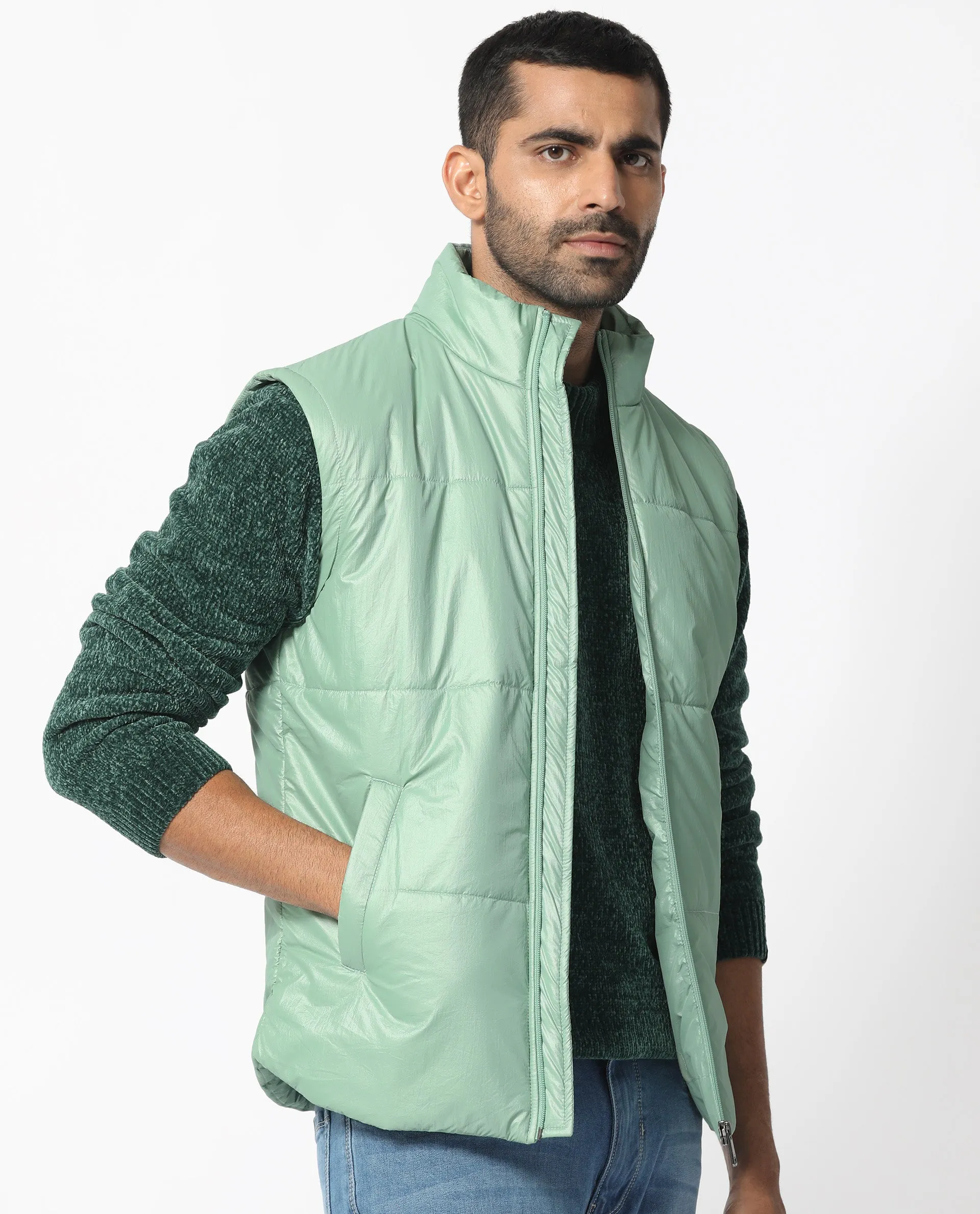 Rare Rabbit Men's Colson Light Green Quilted High Neck Sleeveless Puffer Jacket