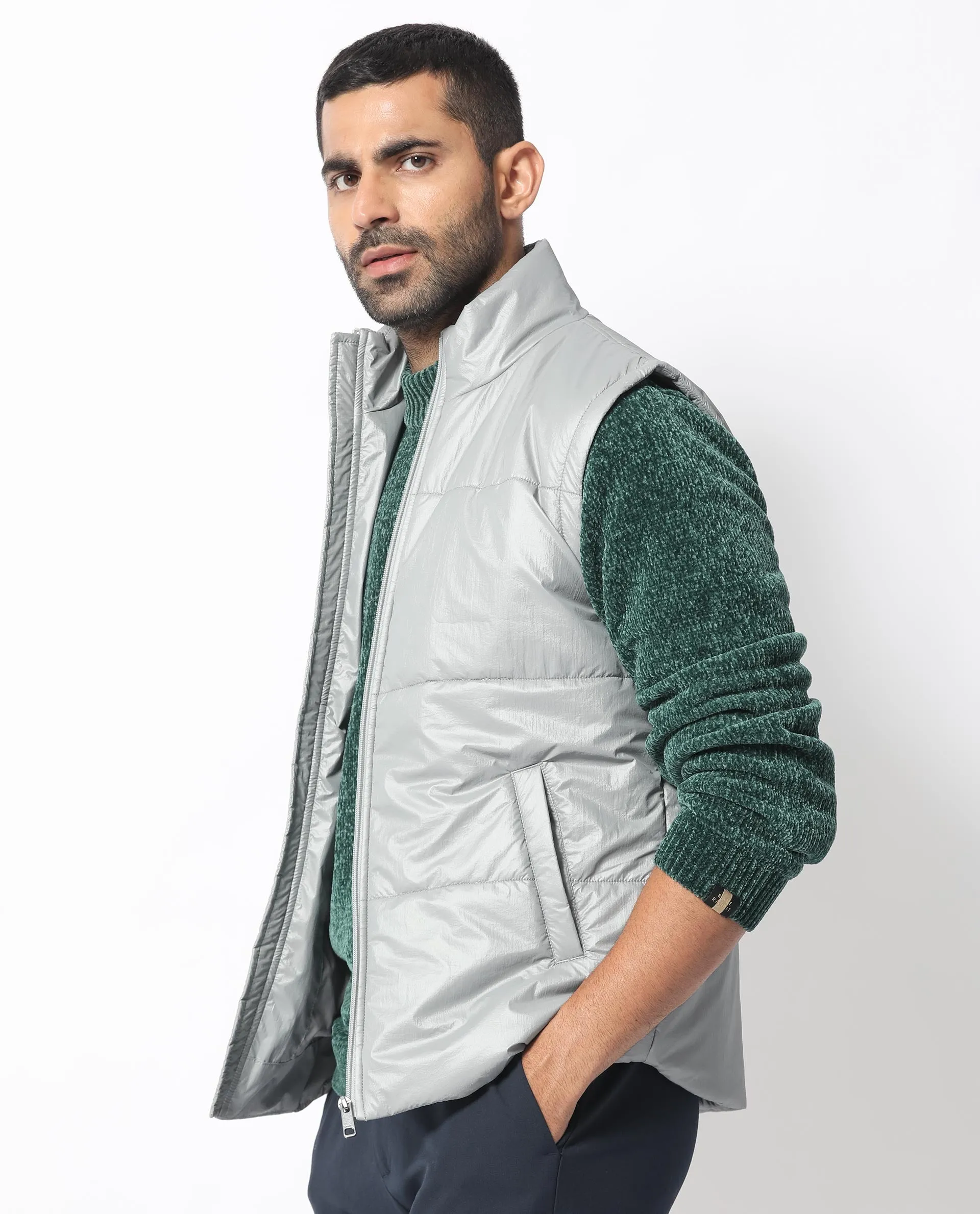 Rare Rabbit Men's Colson Light Grey Quilted High Neck Sleeveless Puffer Jacket