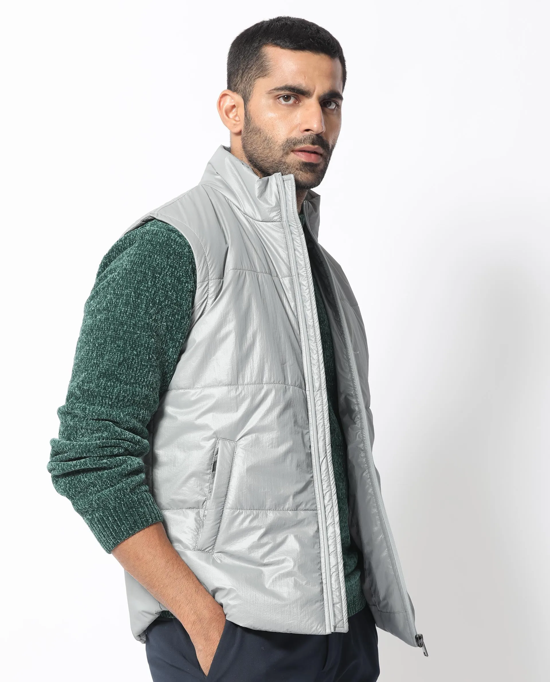 Rare Rabbit Men's Colson Light Grey Quilted High Neck Sleeveless Puffer Jacket