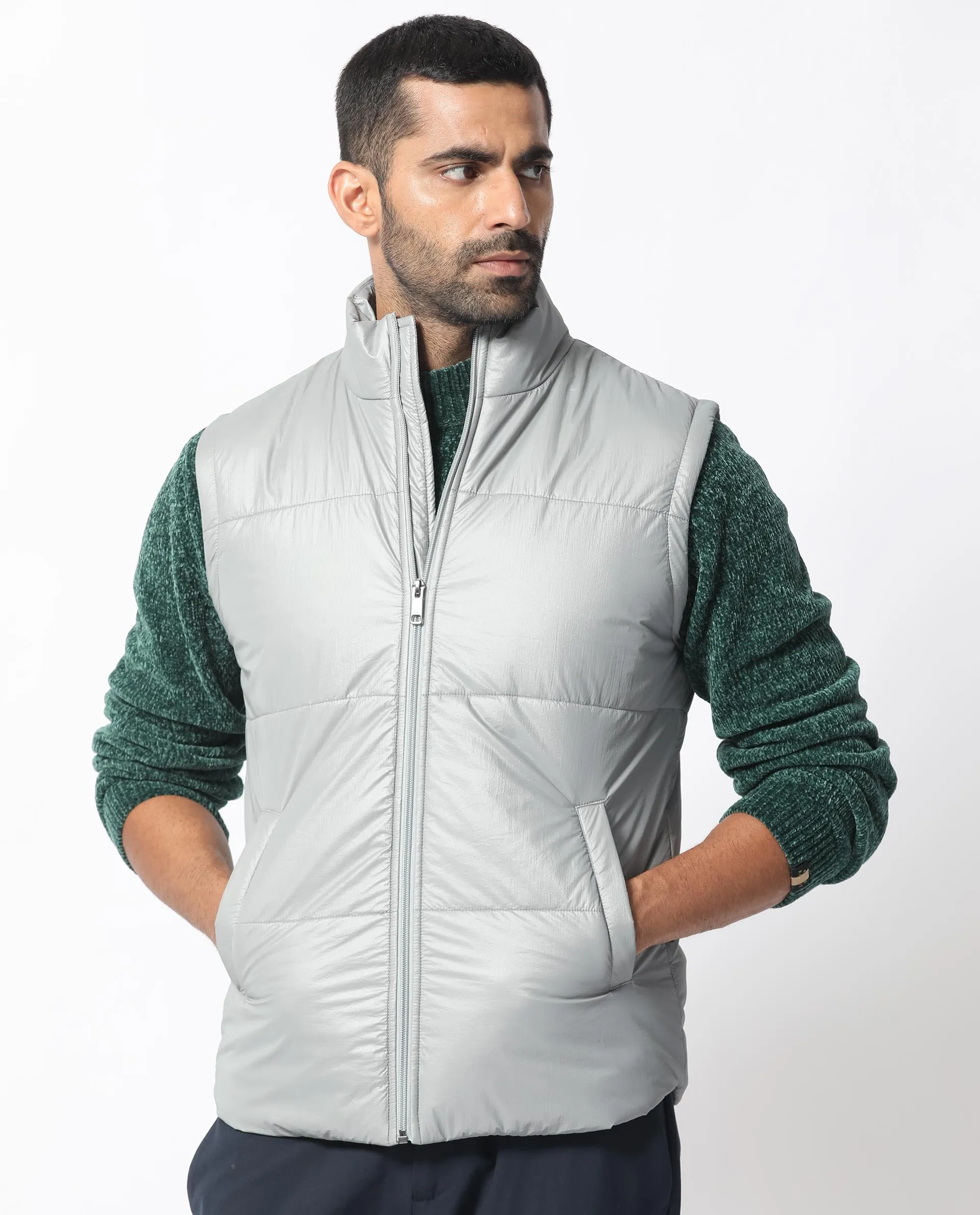 Rare Rabbit Men's Colson Light Grey Quilted High Neck Sleeveless Puffer Jacket