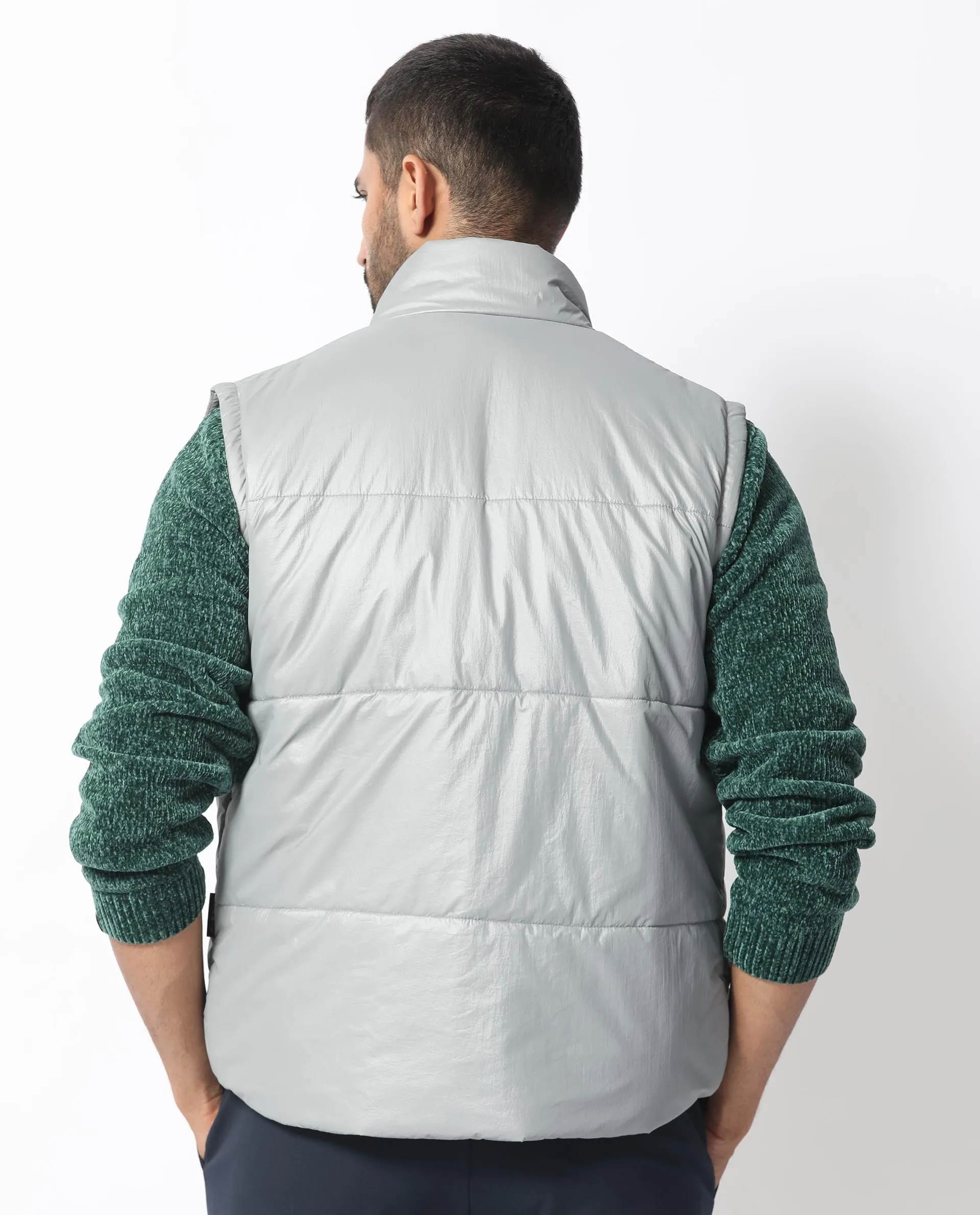 Rare Rabbit Men's Colson Light Grey Quilted High Neck Sleeveless Puffer Jacket