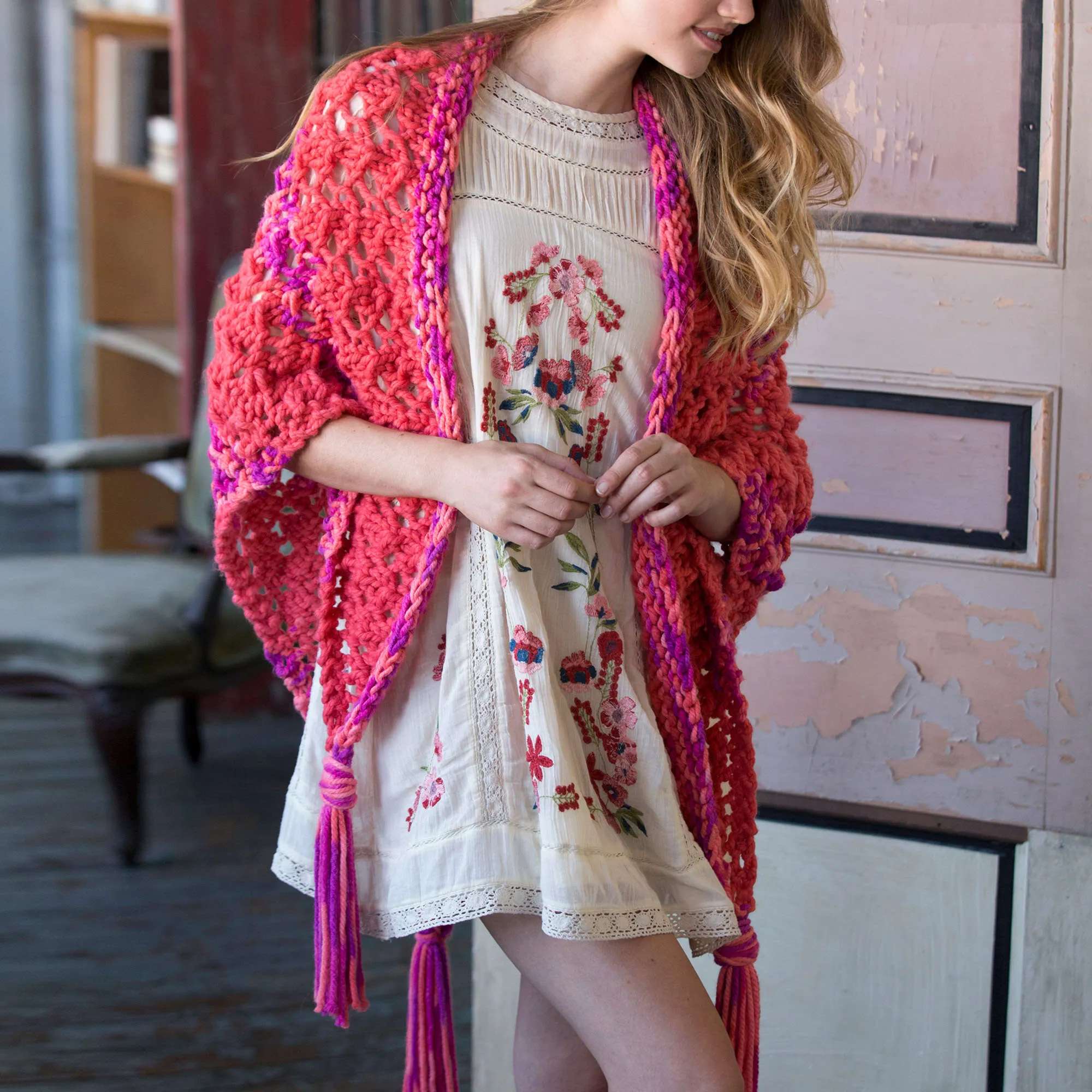 Red Heart Knit Tasseled Triangular Shawl