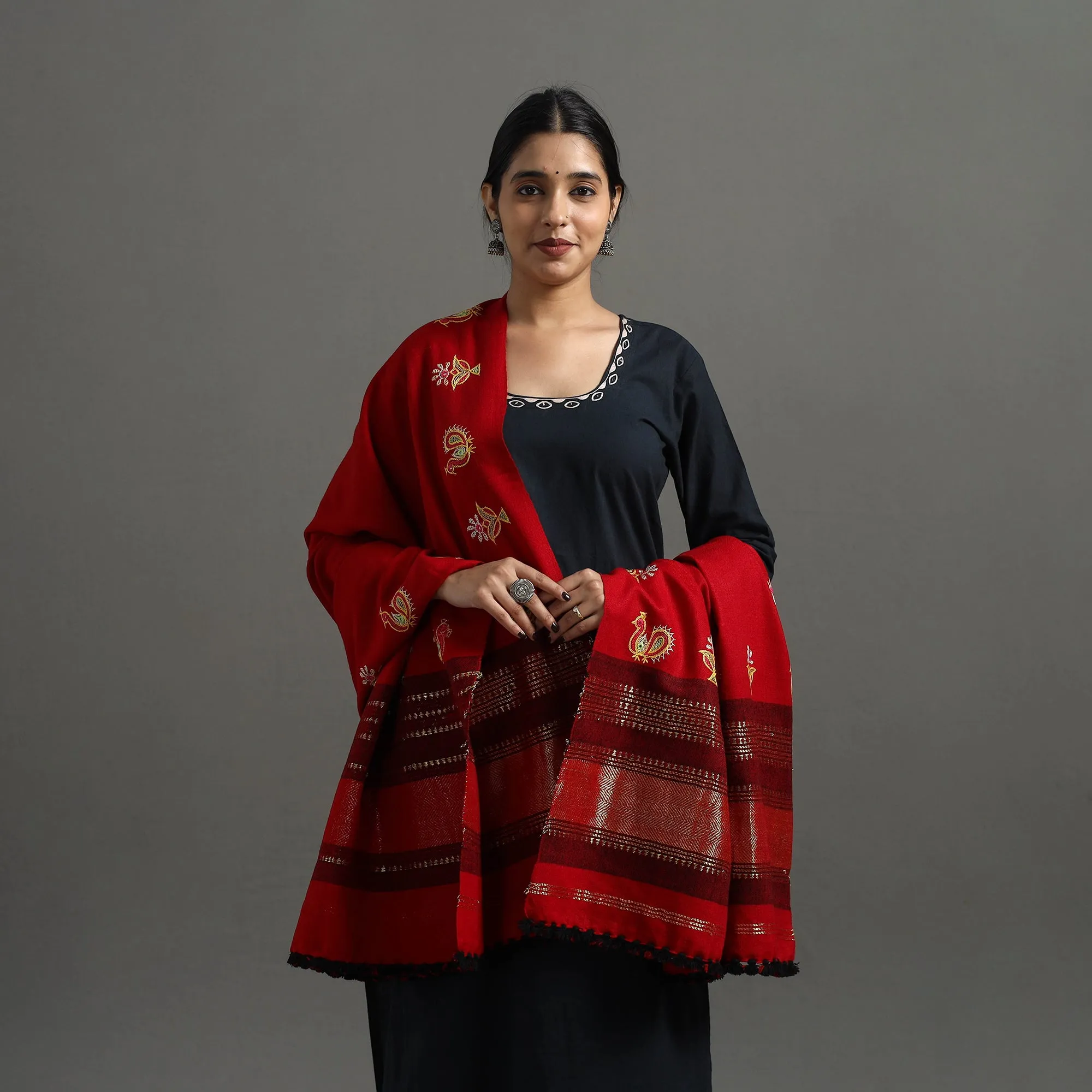 Red - Kutch Ahir Hand Embroidery Woollen Shawl 33