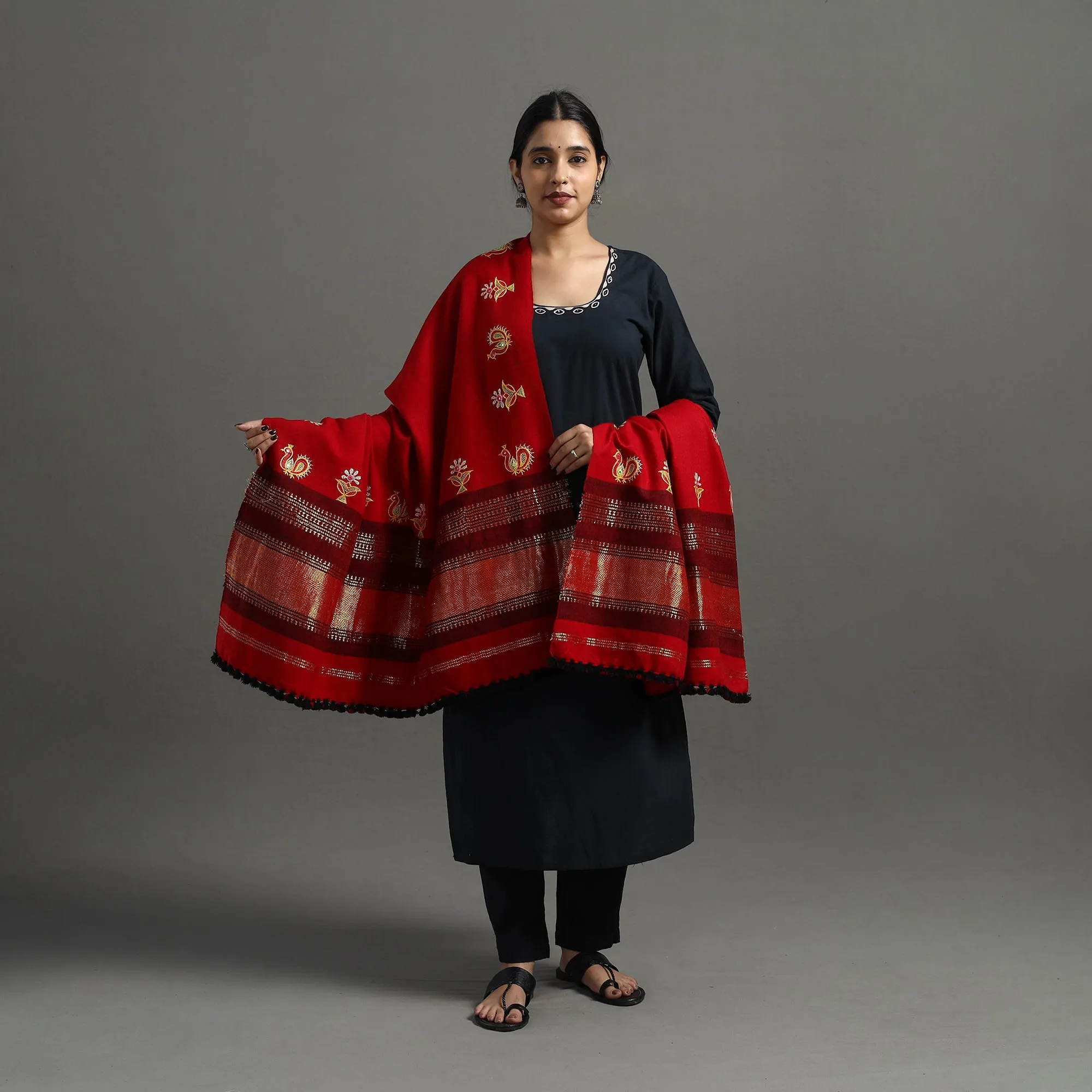 Red - Kutch Ahir Hand Embroidery Woollen Shawl 33