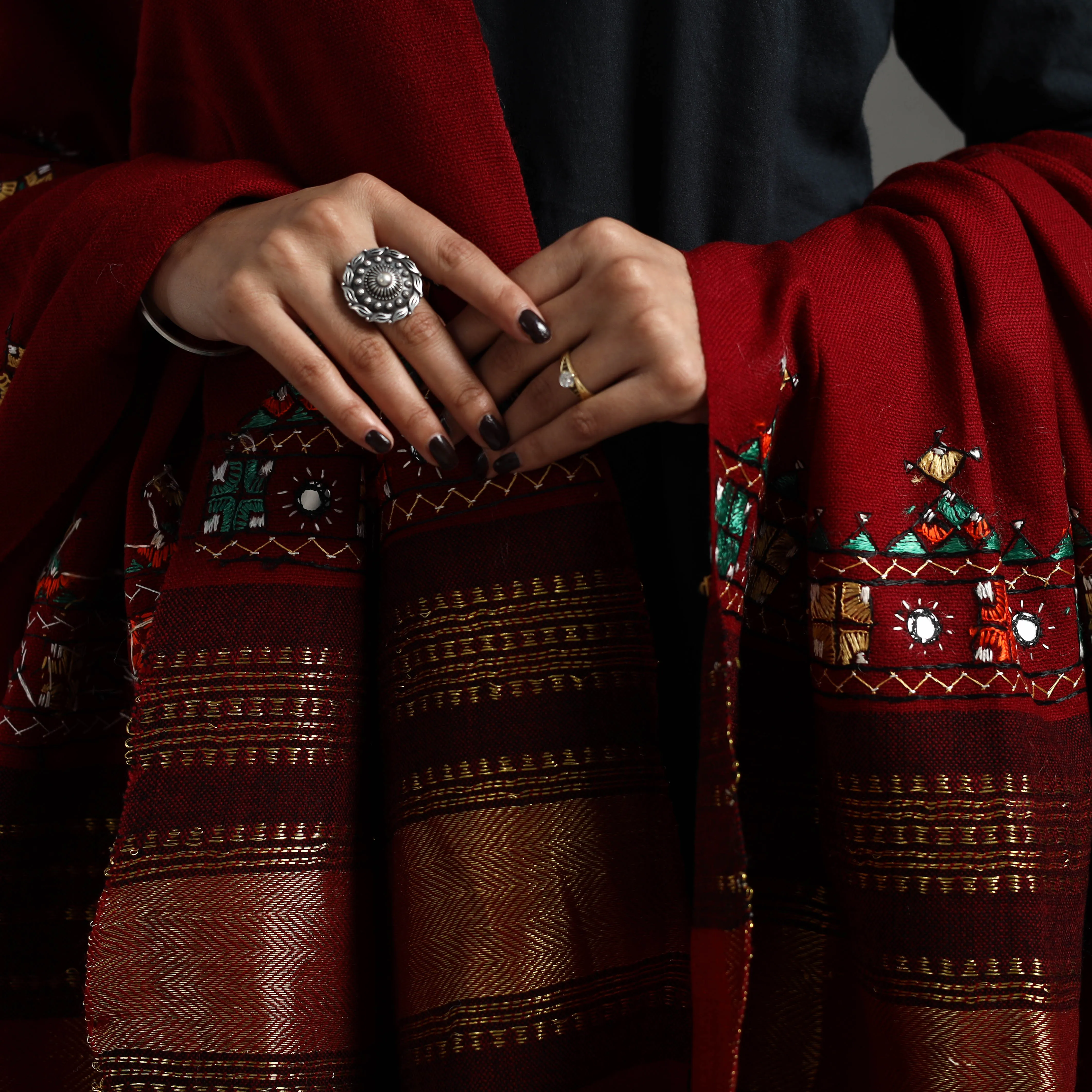 Red - Kutch Neran Hand Embroidery Mirror Work Woollen Shawl 66