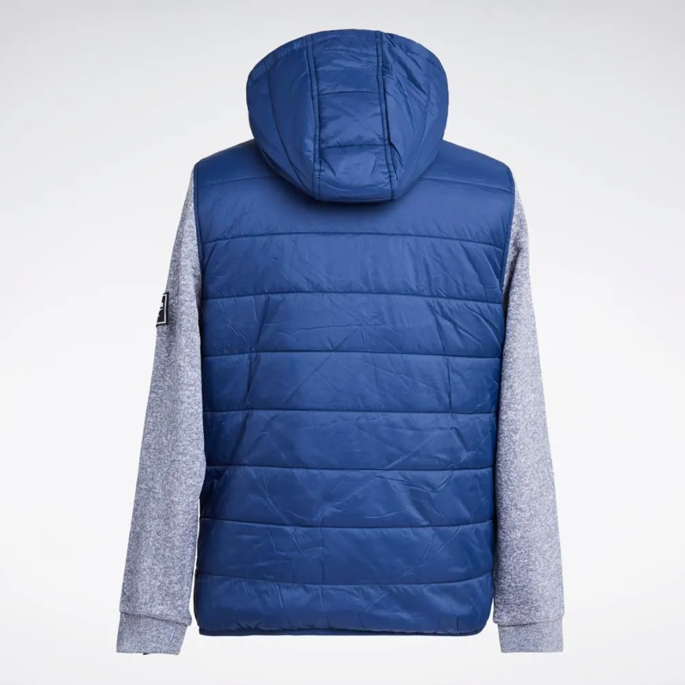 Reebok Apparel Men Hybrid Puffer Vest Jacket VECTOR NAVY/PURE GREY HEATHER