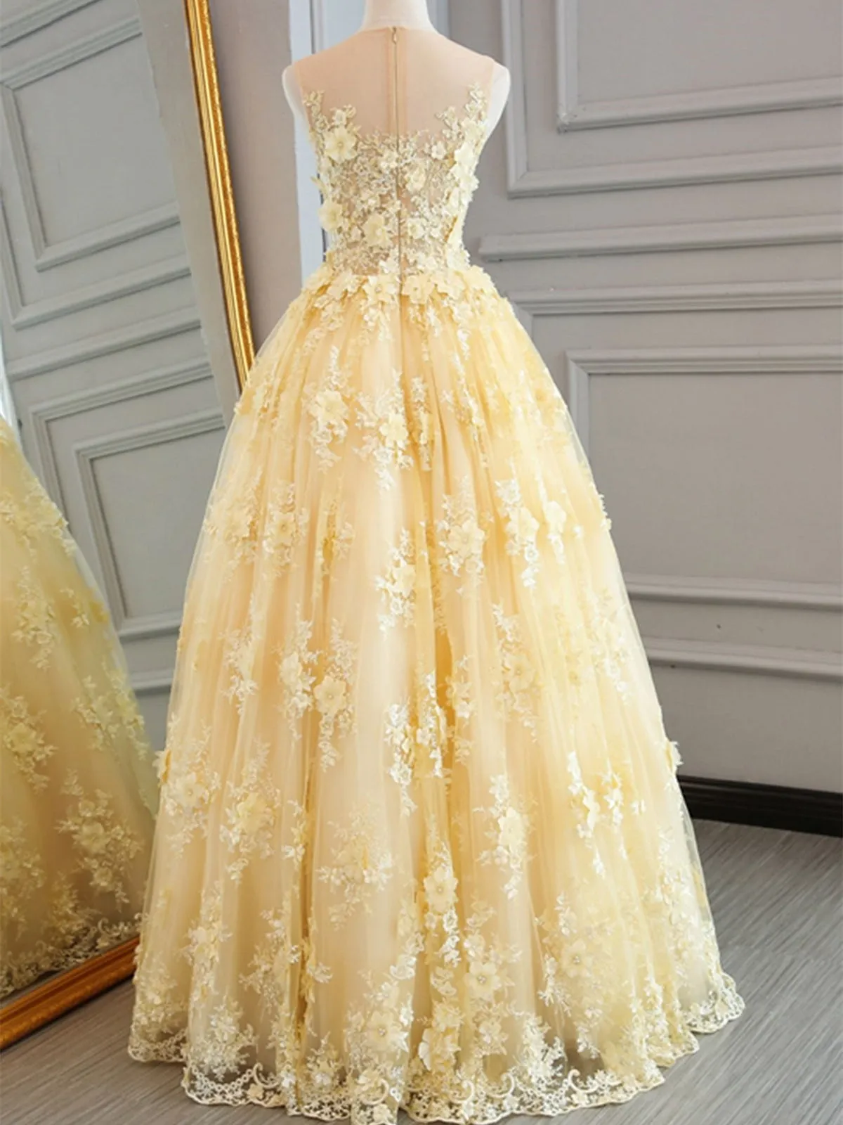 Round Neck Appliques Yellow Lace Prom, Yellow Lace Formal, Yellow Evening