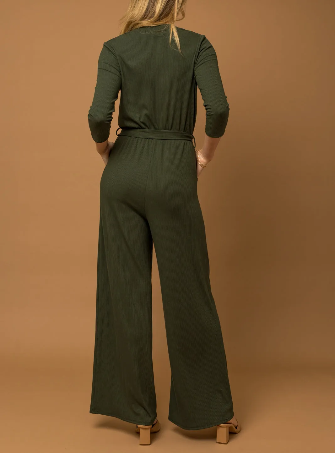 Roxanne 3/4 Sleeve Button Down Ribbed Jumpsuit with Wrap in Olive