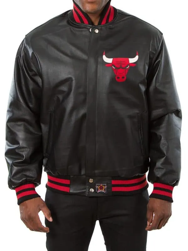 RW Authentic Sheepskin MEN’S CHICAGO BULLS BLACK LEATHER BOMBER JACKET