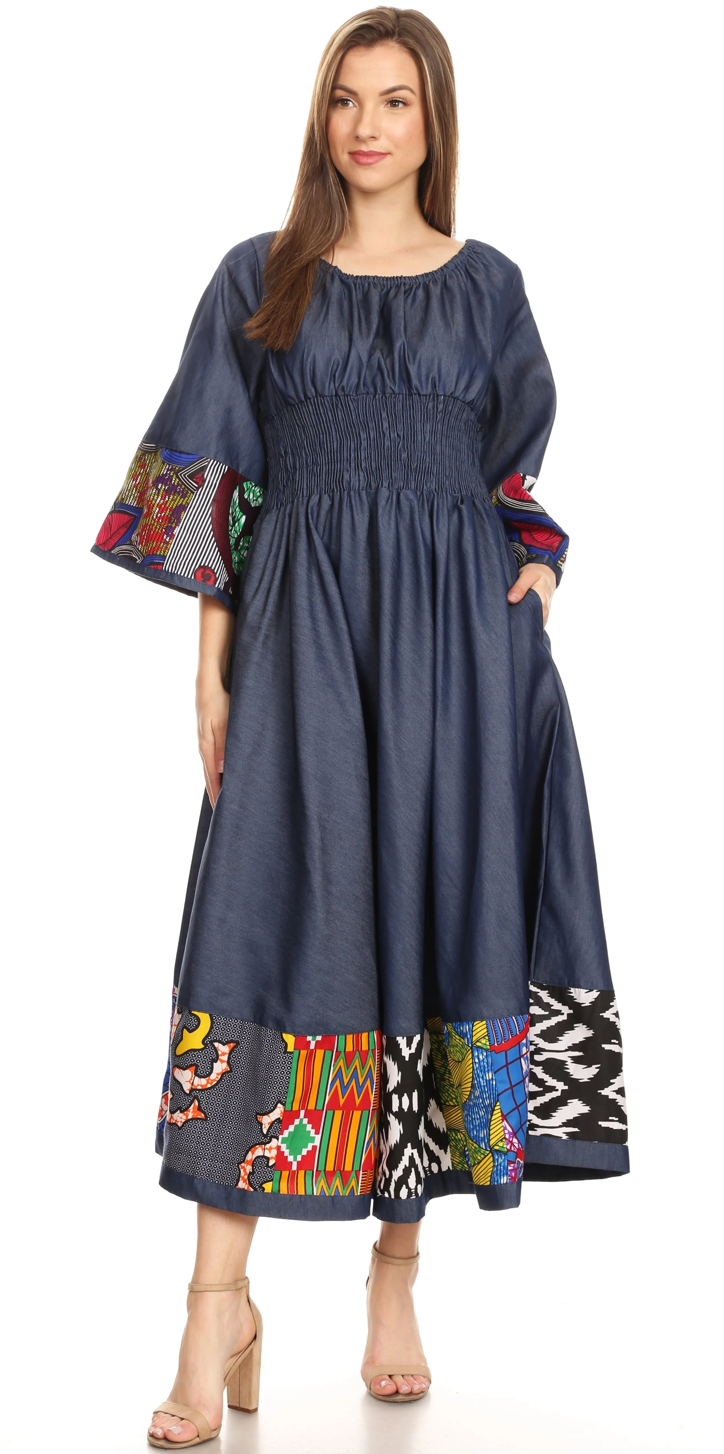 Sakkas Abayomi  Wax African Ankara Chambray Peasant Medieval Casual Long Dress