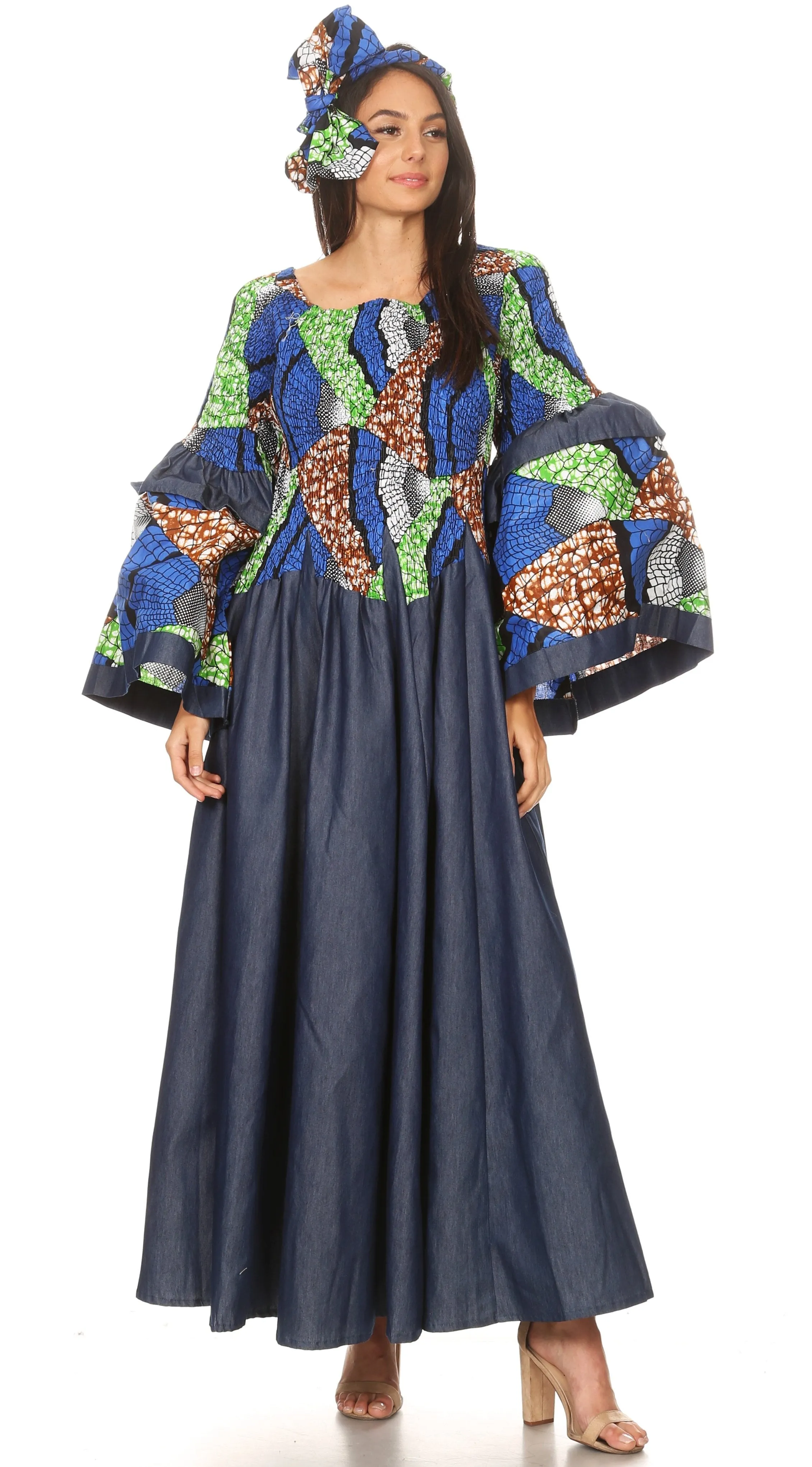 Sakkas Abayomi  Wax African Ankara Chambray Peasant Medieval Casual Long Dress