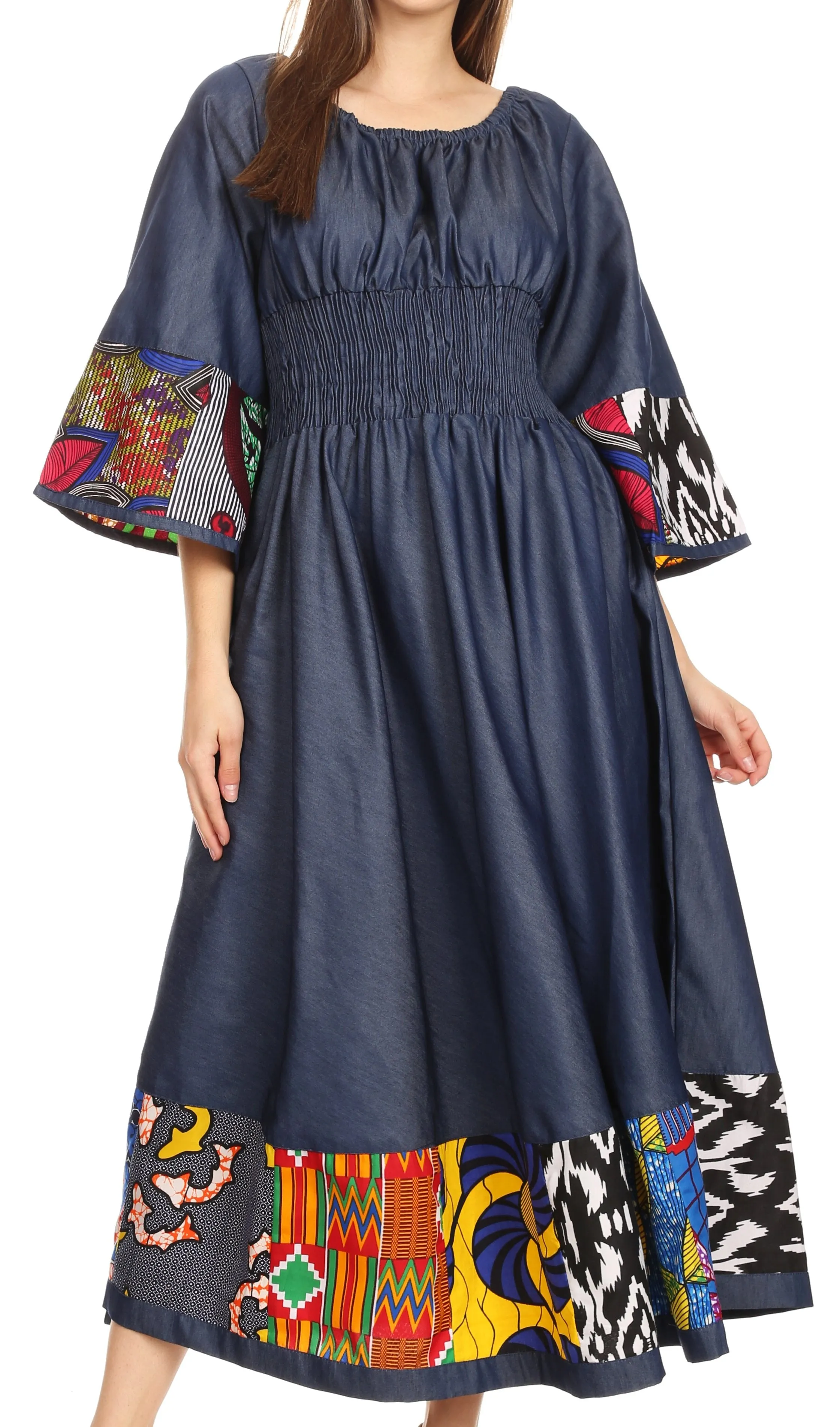 Sakkas Abayomi  Wax African Ankara Chambray Peasant Medieval Casual Long Dress