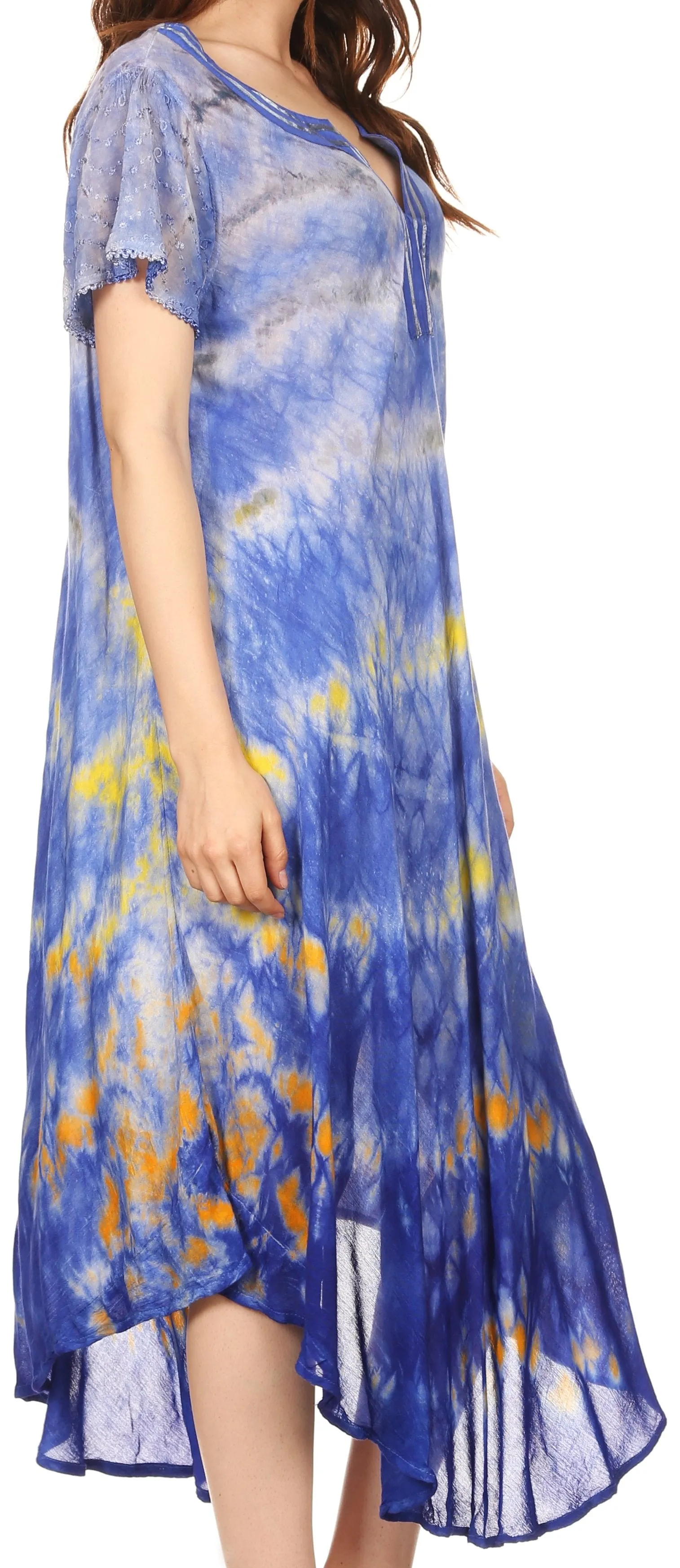 Sakkas Anita Short Sleeve Tie Dye Split Neck Dress / Cover Up