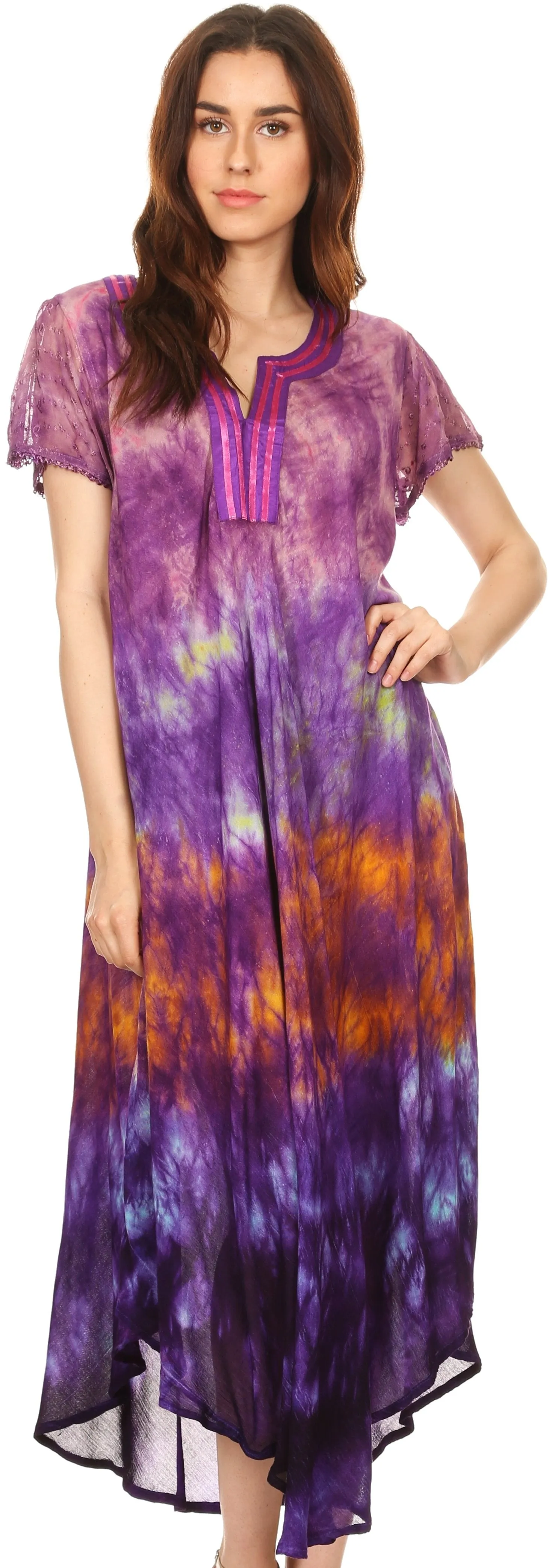 Sakkas Anita Short Sleeve Tie Dye Split Neck Dress / Cover Up