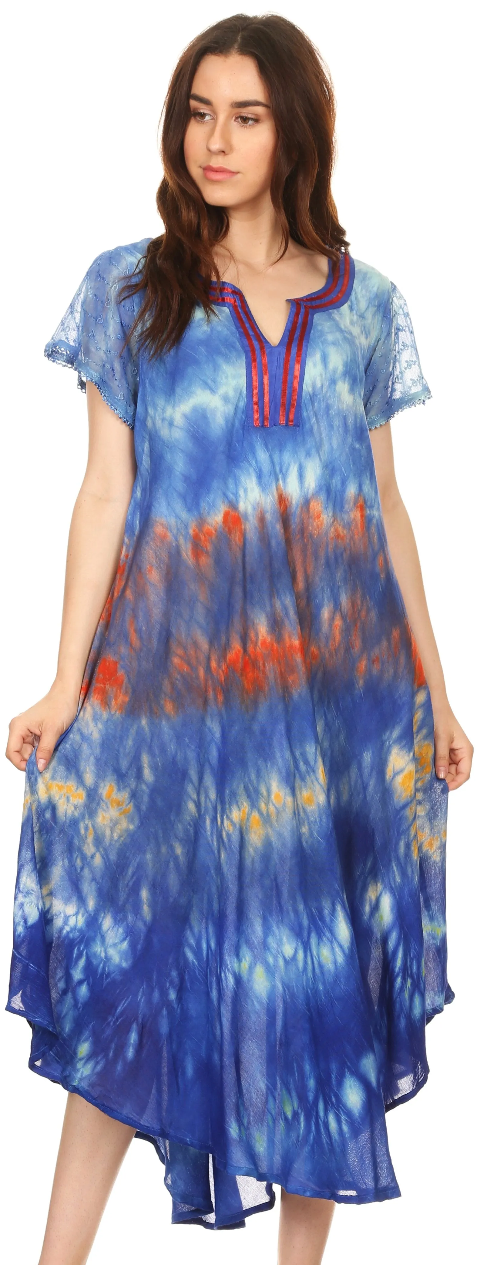 Sakkas Anita Short Sleeve Tie Dye Split Neck Dress / Cover Up