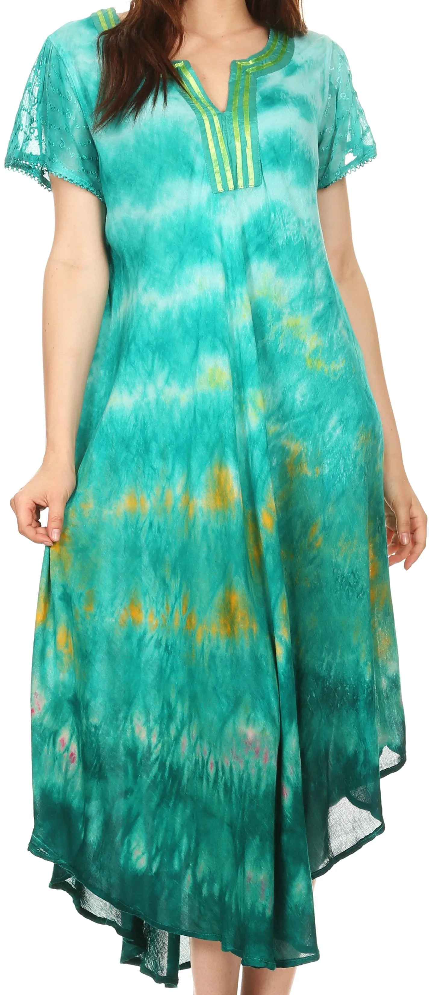 Sakkas Anita Short Sleeve Tie Dye Split Neck Dress / Cover Up