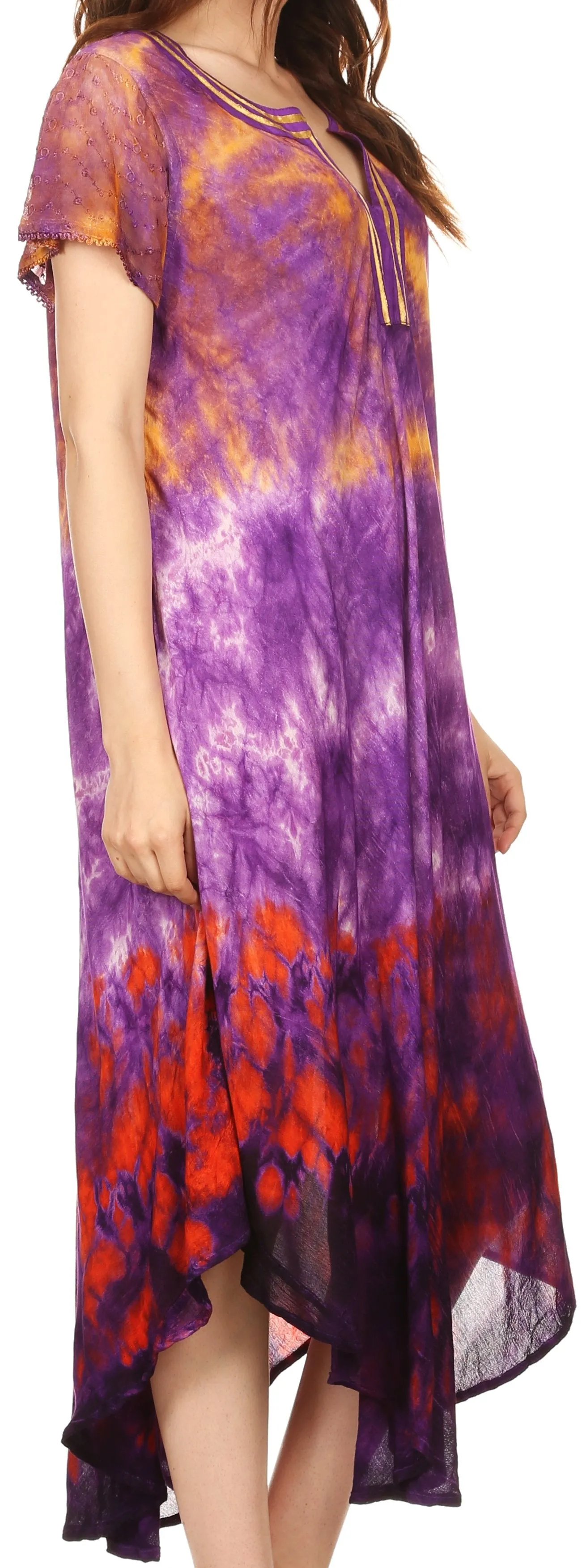 Sakkas Anita Short Sleeve Tie Dye Split Neck Dress / Cover Up