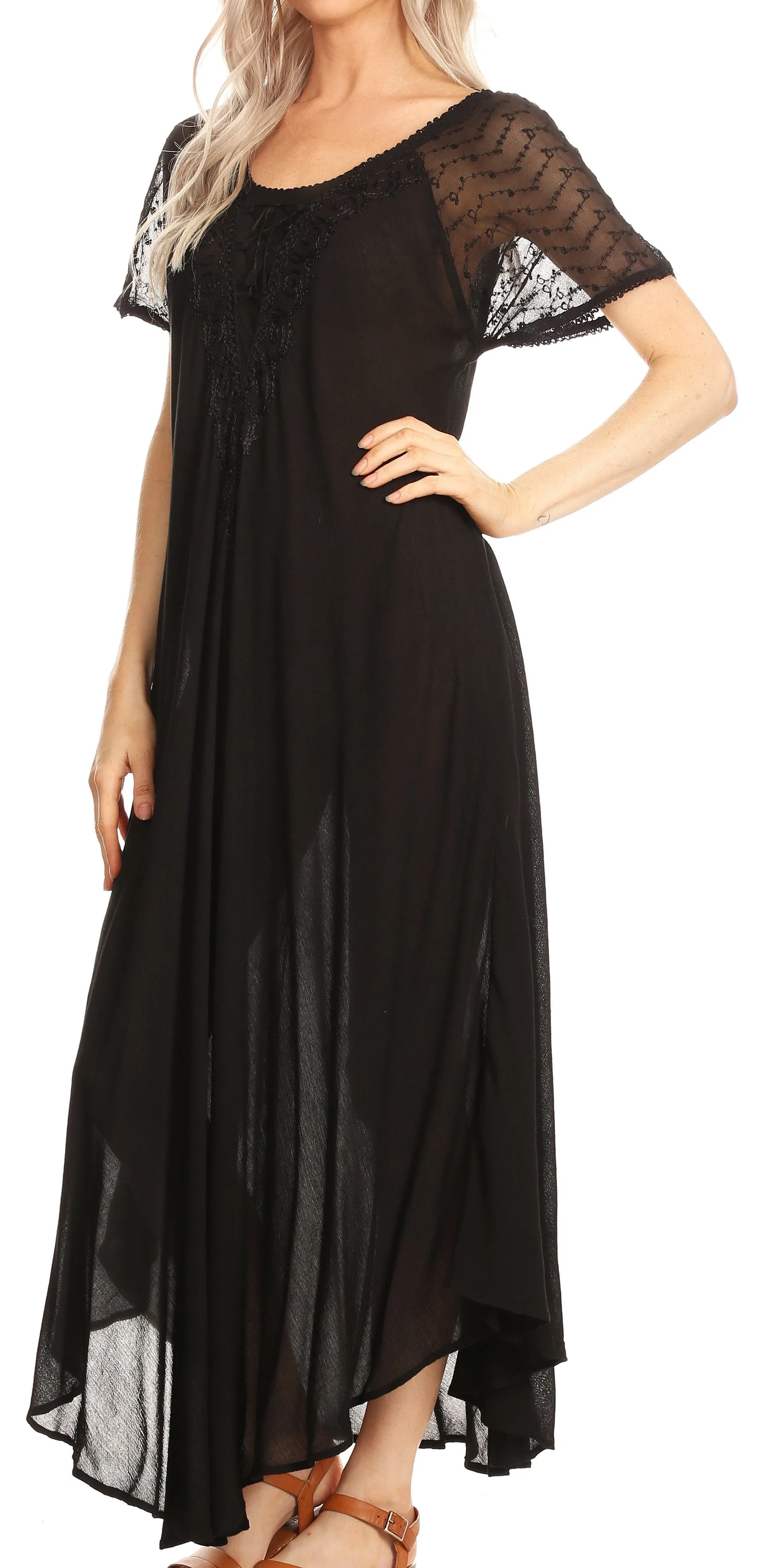 Sakkas Hayden Embroidered Lace-Up Caftan Dress / Cover Up with Eyelet Sleeves