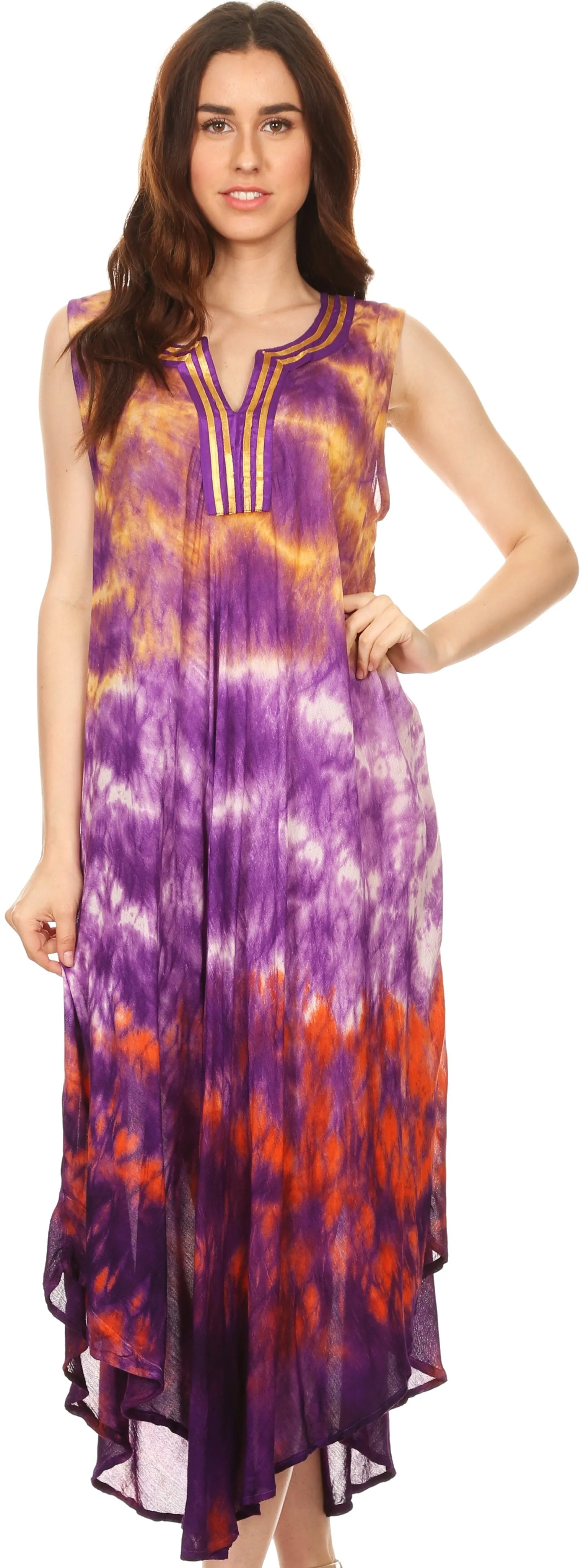 Sakkas Kalia Sleeveless Tide Dye Split Neck Dress / Cover Up