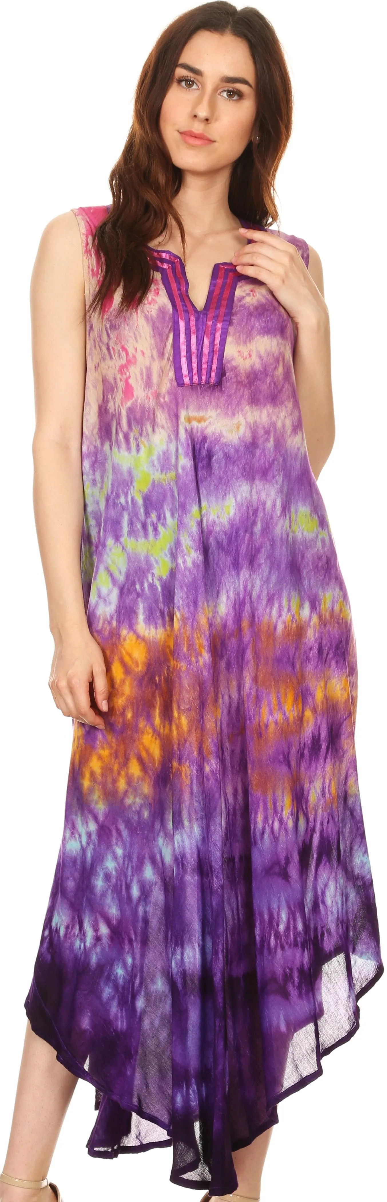 Sakkas Kalia Sleeveless Tide Dye Split Neck Dress / Cover Up