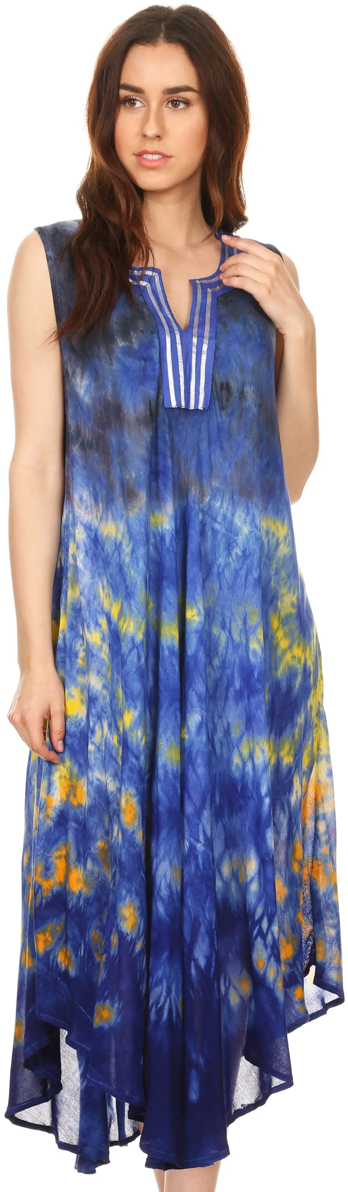 Sakkas Kalia Sleeveless Tide Dye Split Neck Dress / Cover Up