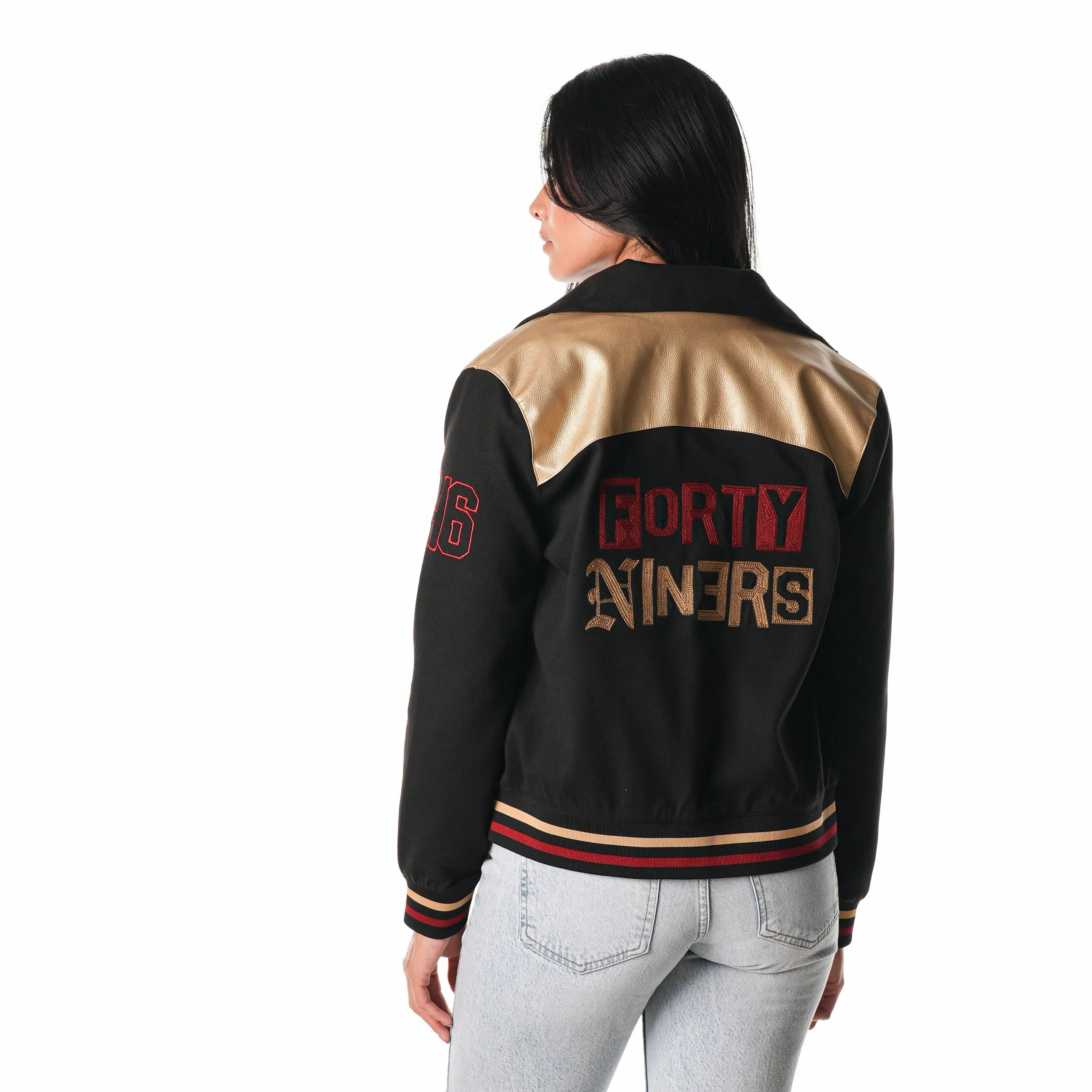 SAN FRANCISCO 49ERS WOMENS SUEDE BOMBER JACKET - BLACK