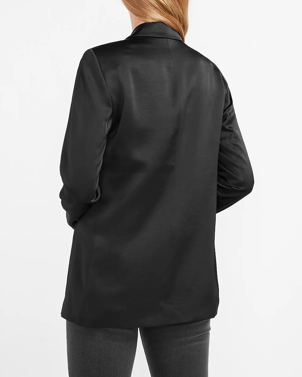 Satin Shawl Collar Boyfriend Blazer in Pitch Black