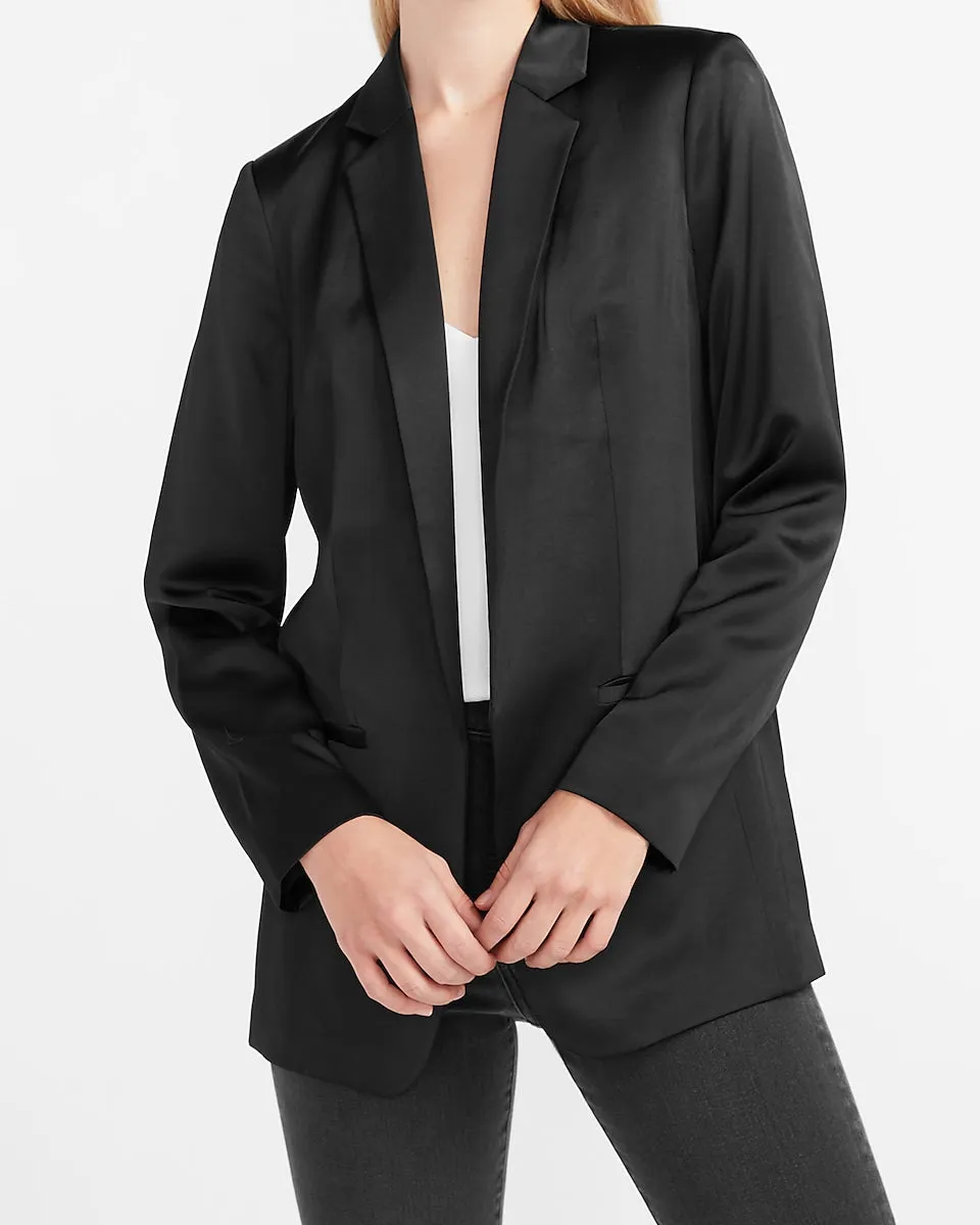 Satin Shawl Collar Boyfriend Blazer in Pitch Black