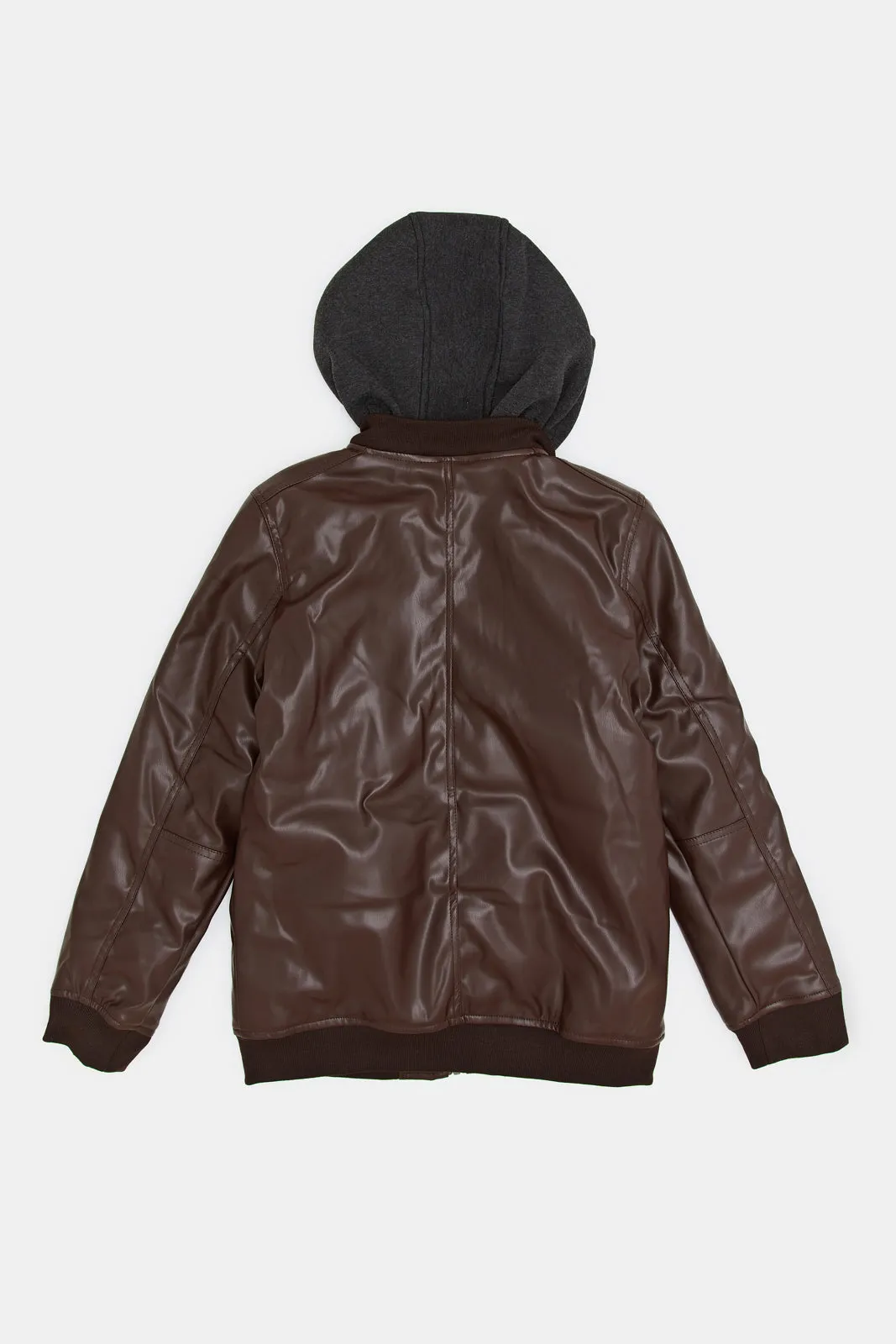 Senior Boys Brown Zip Thru Hooded Pu Jacket