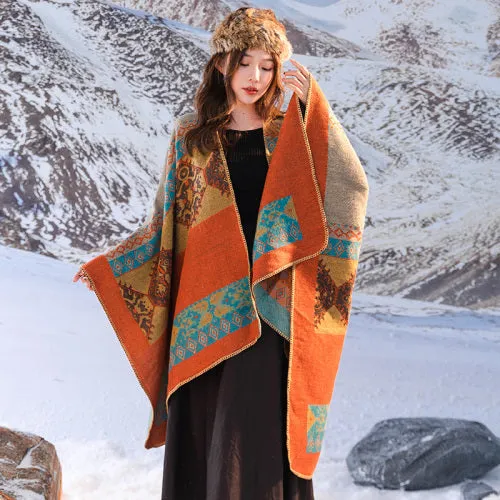 Shawl women's outfit imitation cashmere scarf, autumn and winter cape, blanket, dual-purpose ethnic style tourism