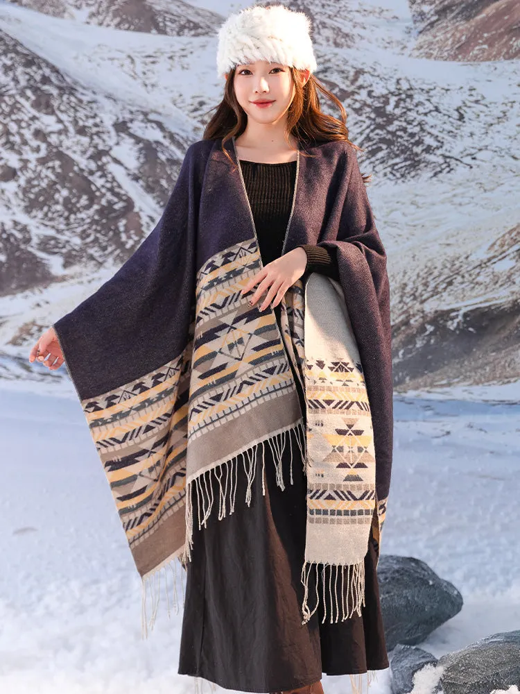 Shawl women's outfit imitation cashmere scarf, autumn and winter cape, blanket, dual-purpose ethnic style tourism