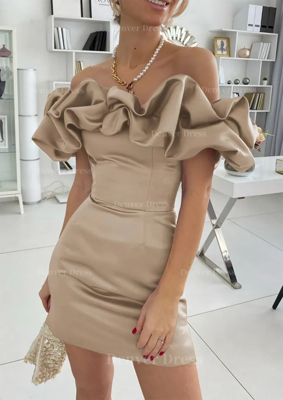 Sheath/Column Off-the-Shoulder Sleeveless Satin Short/Mini Homecoming Dress With Ruffles