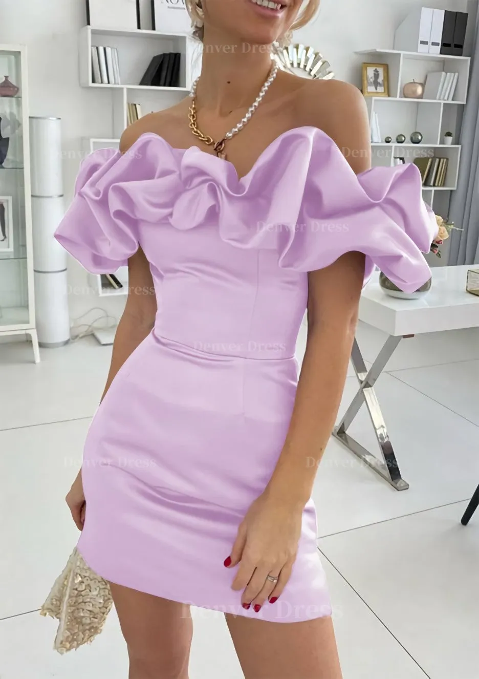 Sheath/Column Off-the-Shoulder Sleeveless Satin Short/Mini Homecoming Dress With Ruffles