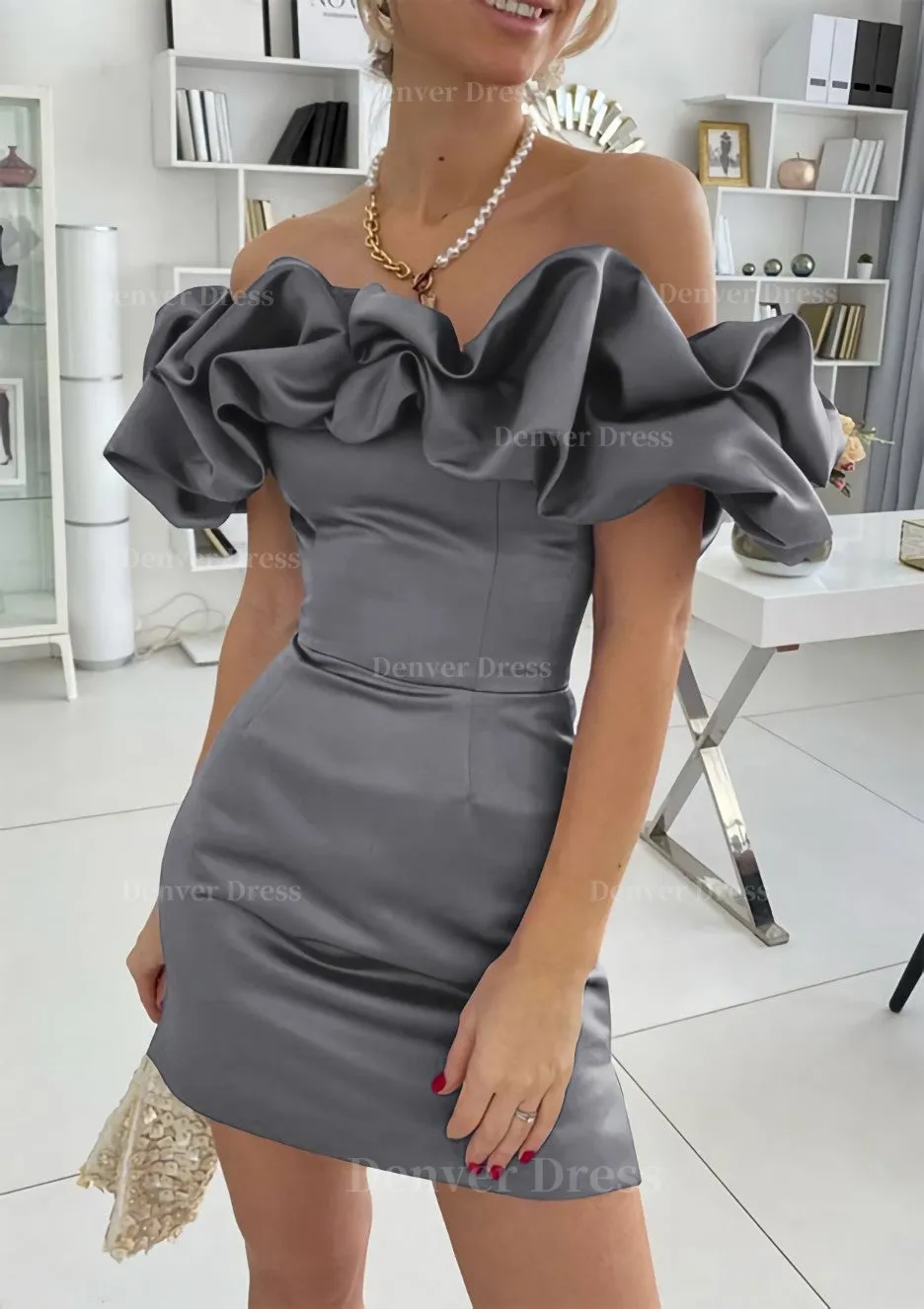 Sheath/Column Off-the-Shoulder Sleeveless Satin Short/Mini Homecoming Dress With Ruffles