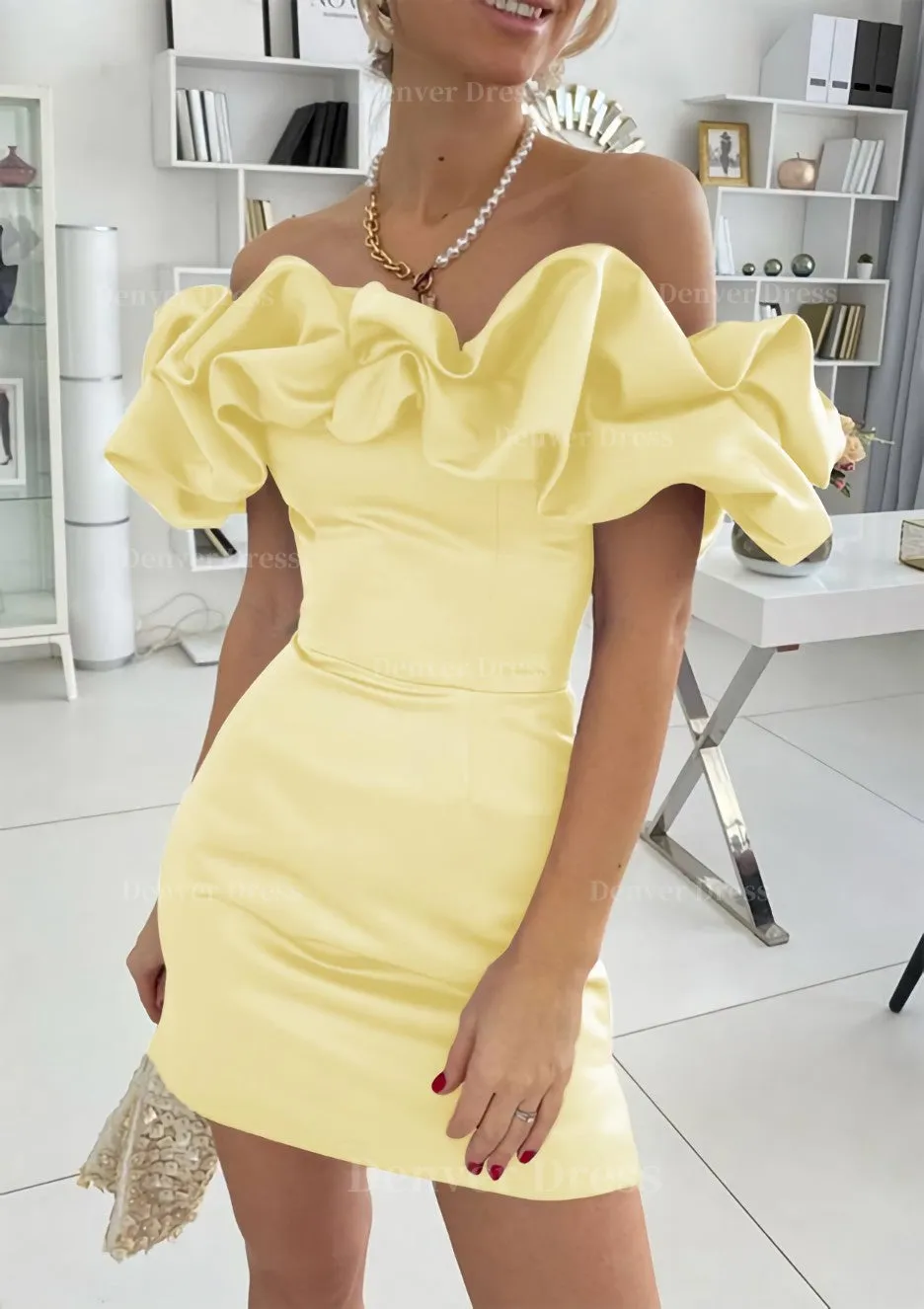 Sheath/Column Off-the-Shoulder Sleeveless Satin Short/Mini Homecoming Dress With Ruffles