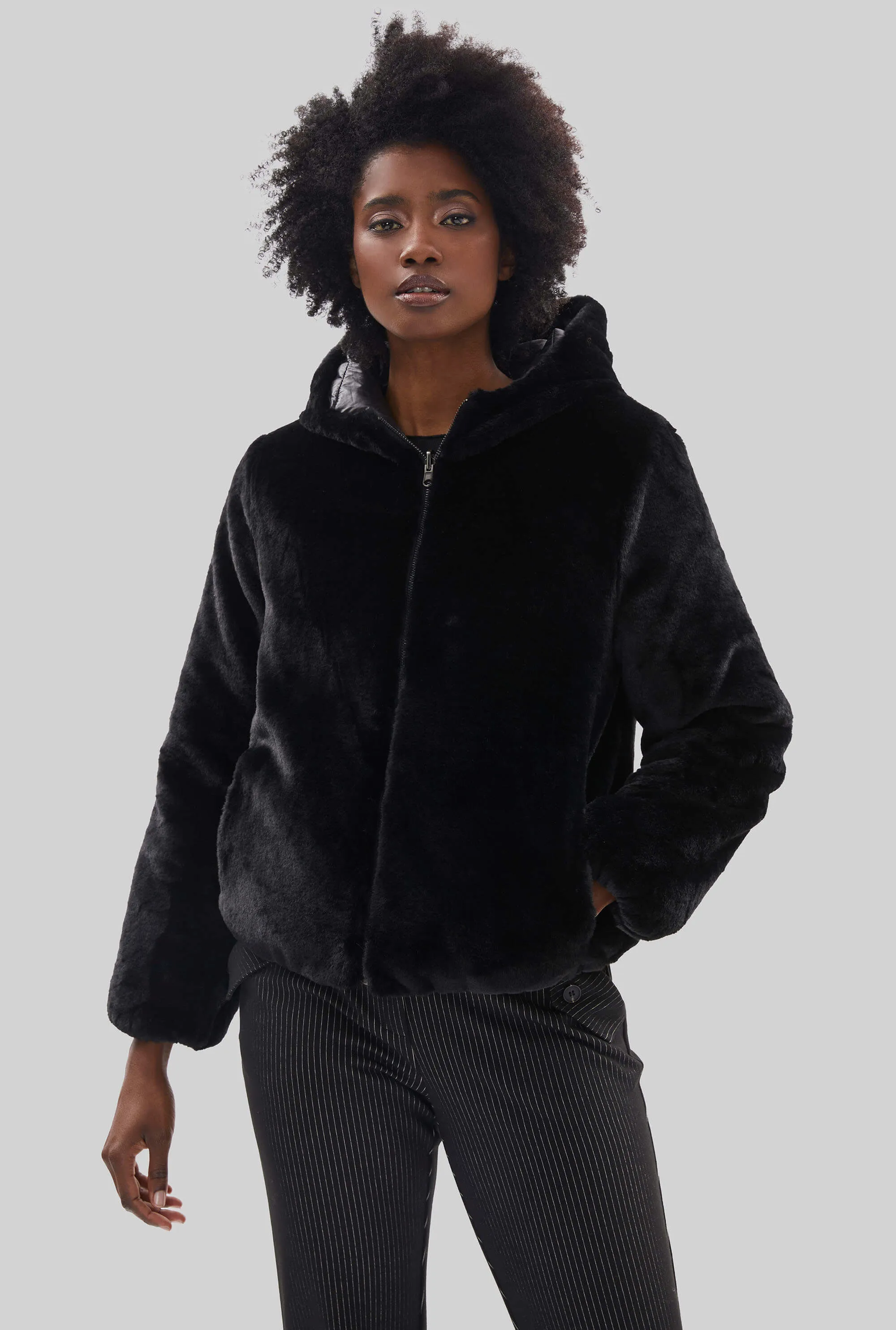 Short Reversible Faux Fur Jacket Black