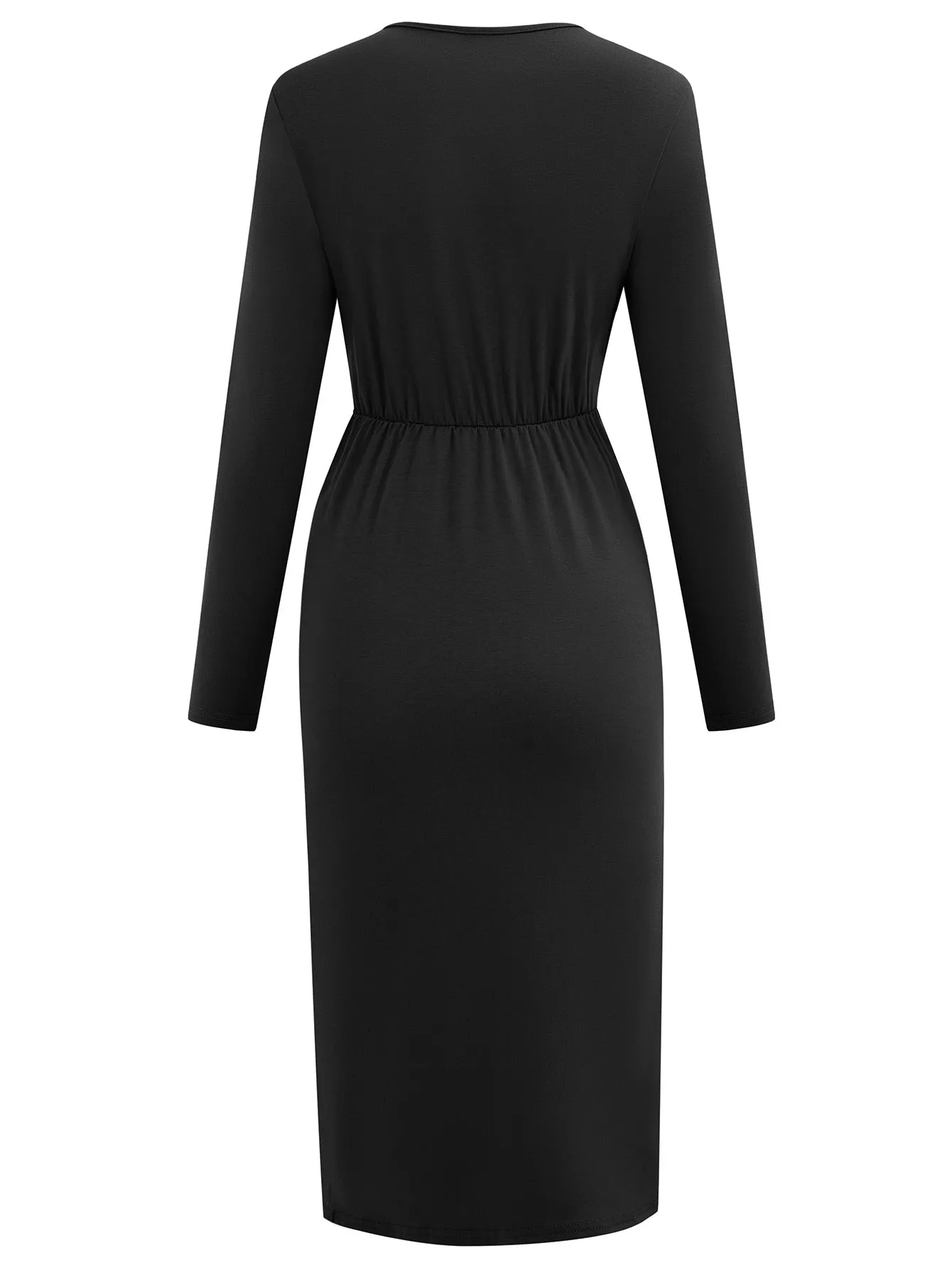 Solid Color V-neck High-slit Cinched Waist Long Sleeve Maxi Dress