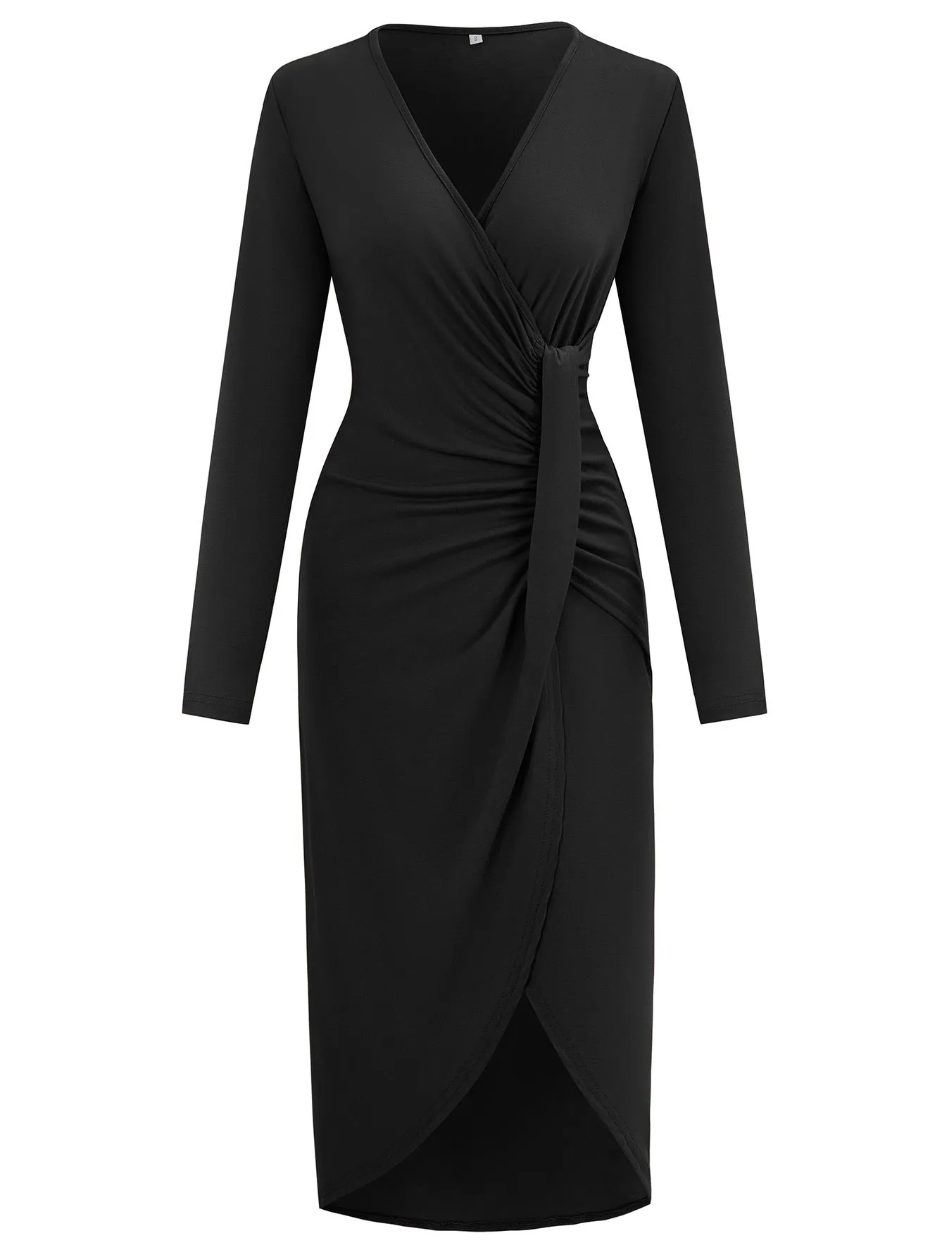 Solid Color V-neck High-slit Cinched Waist Long Sleeve Maxi Dress