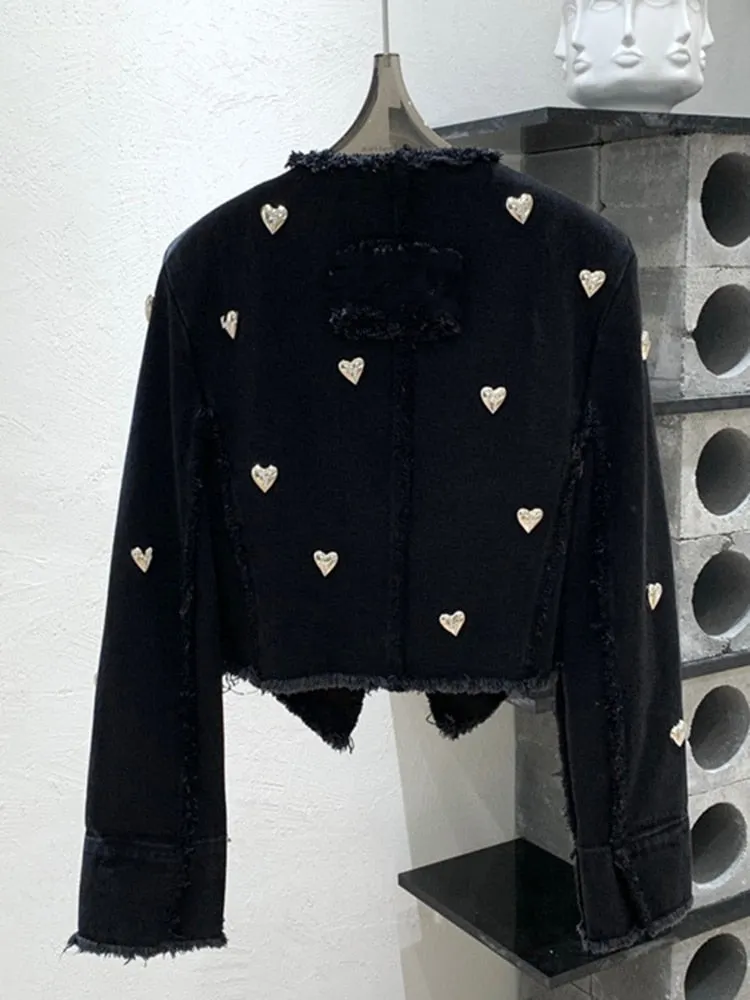 Solid Patchwork Love Rivet Denim Jackets For Women Lapel Long Sleeve Raw Hem Casual Jacket Female Fashion Clothing