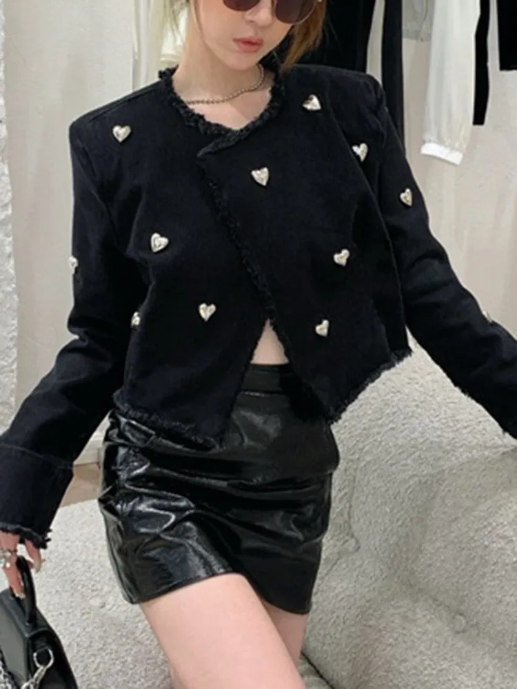 Solid Patchwork Love Rivet Denim Jackets For Women Lapel Long Sleeve Raw Hem Casual Jacket Female Fashion Clothing