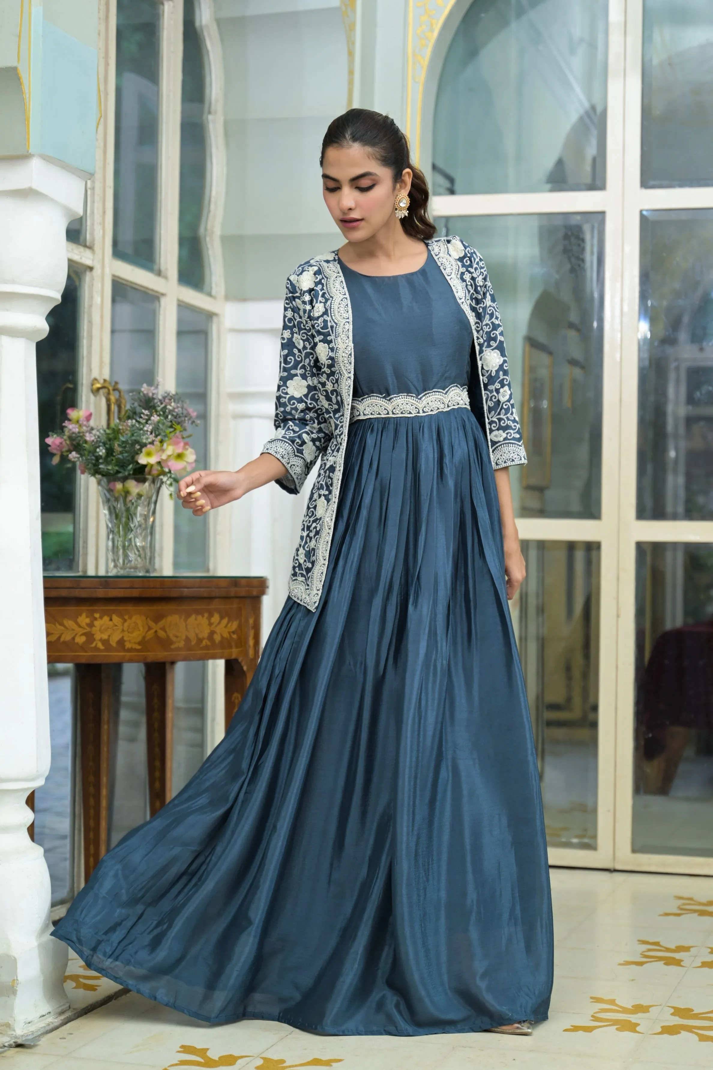 Stone Blue Embroidered Italian Silk Jacket Gown