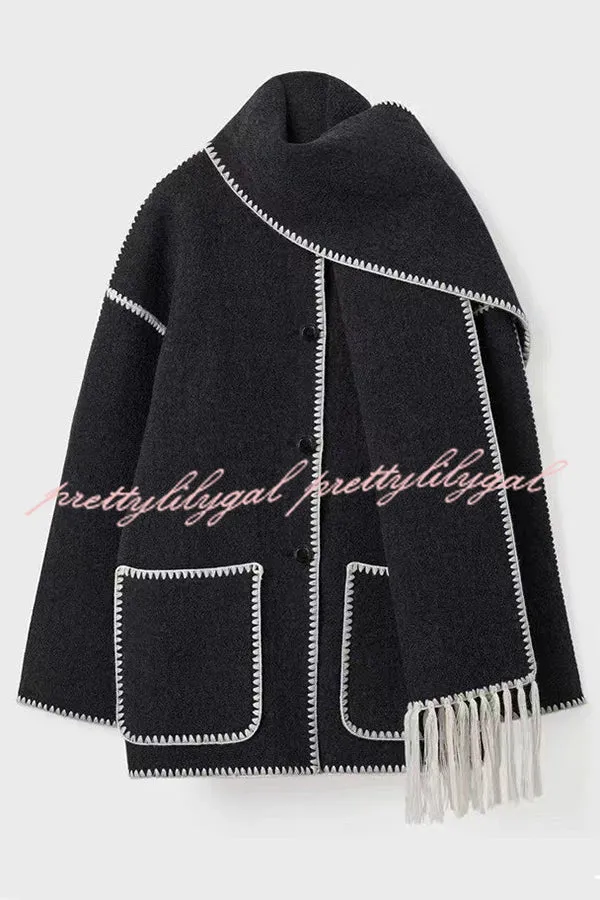 Stylish Loose Pocket Long Sleeve Coat and Warm Fringed Scarf